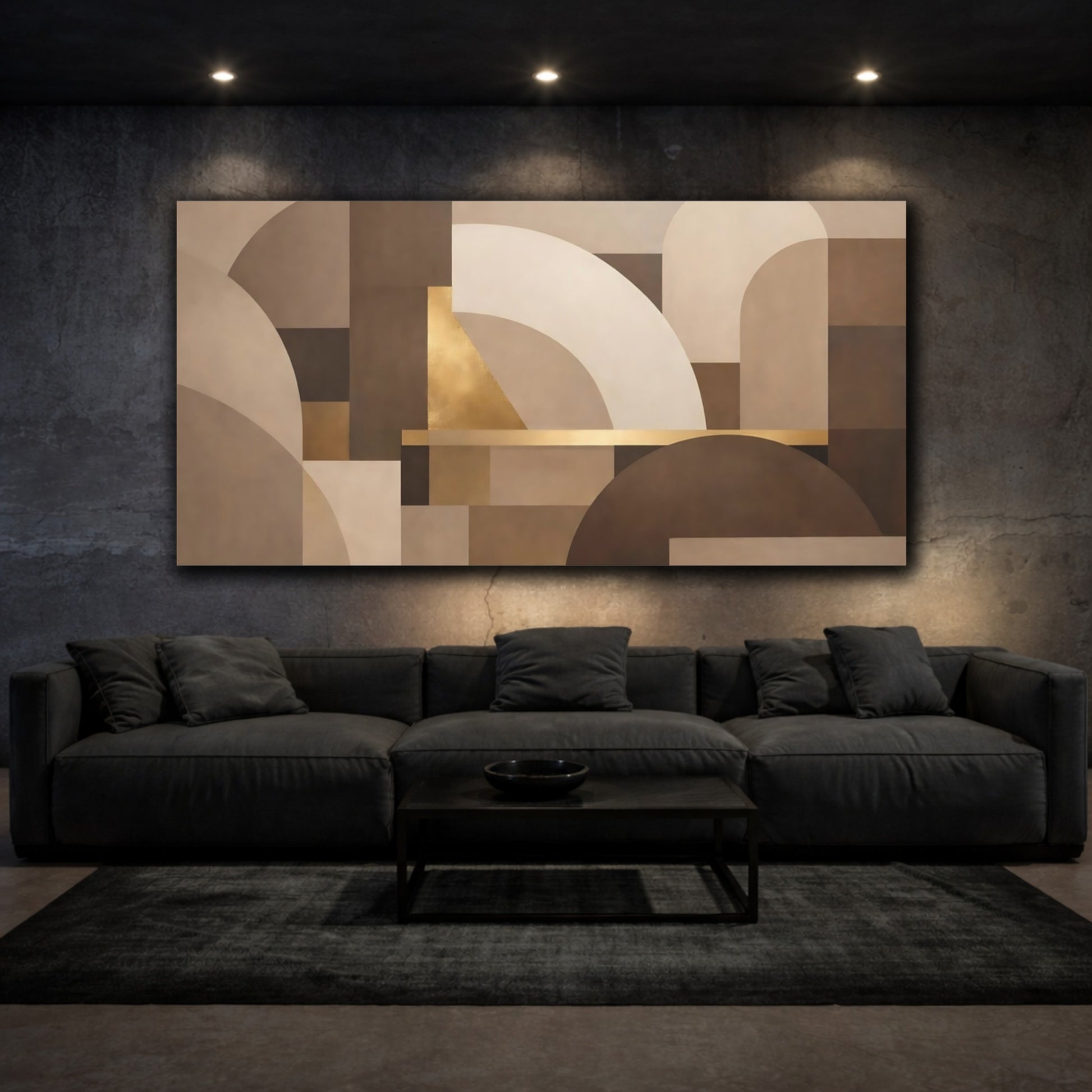 Mockup 2. Abstract Geometric Shapes Brown Gold Abstract shown as stretched canvas wall art