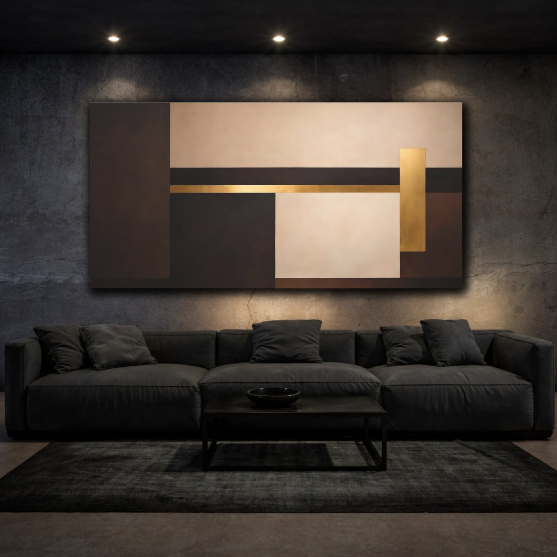 Mockup 2. Abstract Geometric Shapes Brown Gold Abstract shown as stretched canvas wall art