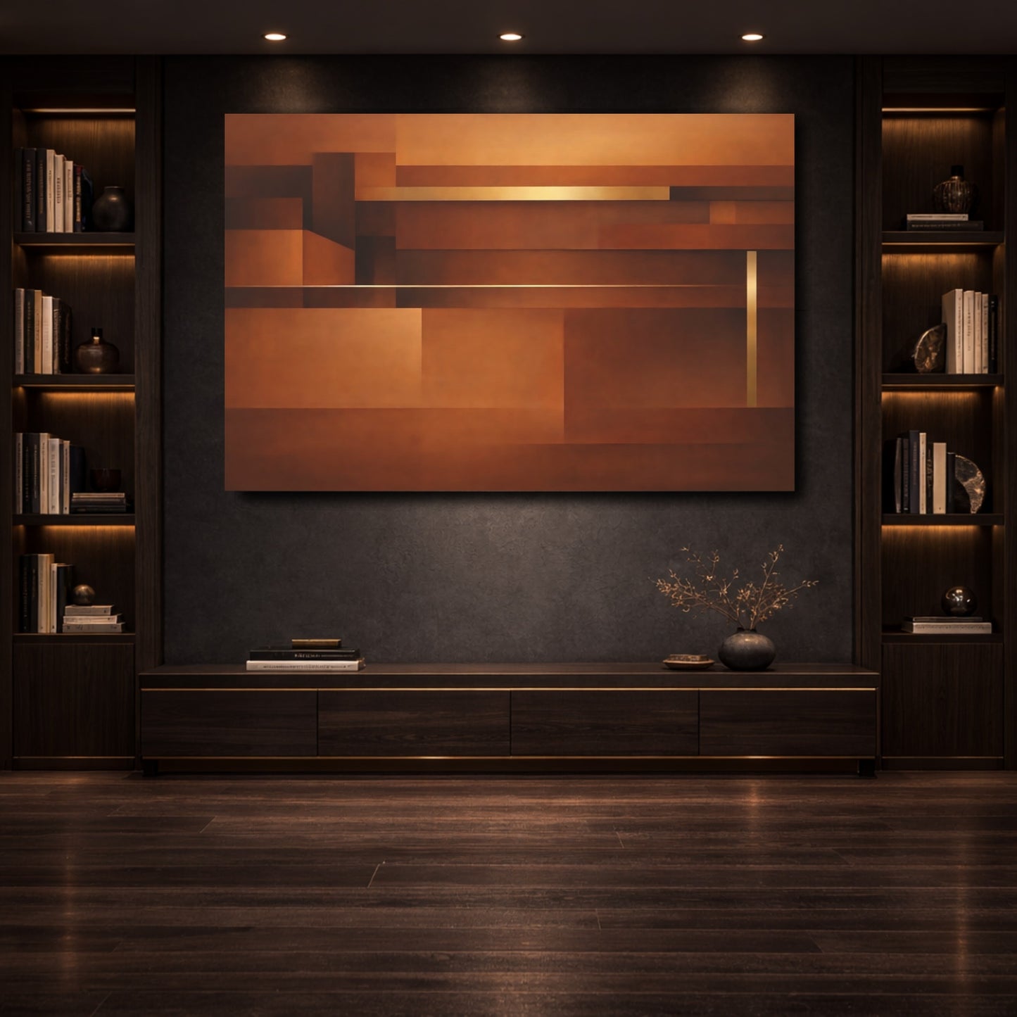 Mockup 3. Abstract Geometric Shapes Brown Gold Abstract shown as stretched canvas wall art