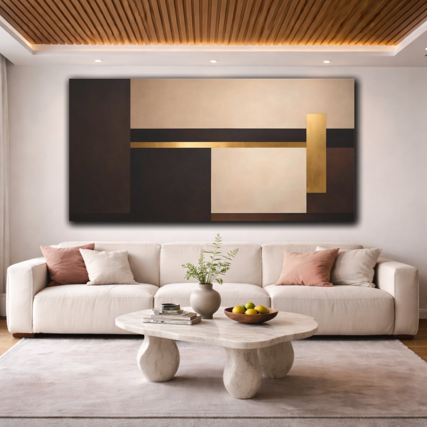 Mockup 3. Abstract Geometric Shapes Brown Gold Abstract shown as stretched canvas wall art