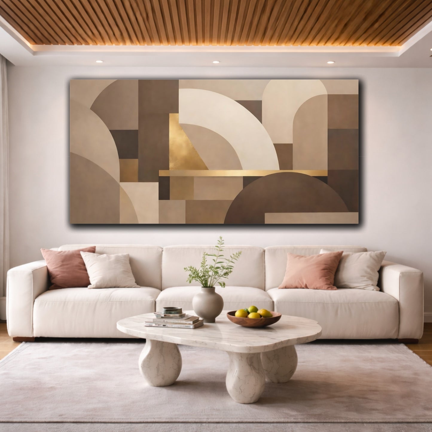 Mockup 3. Abstract Geometric Shapes Brown Gold Abstract shown as stretched canvas wall art