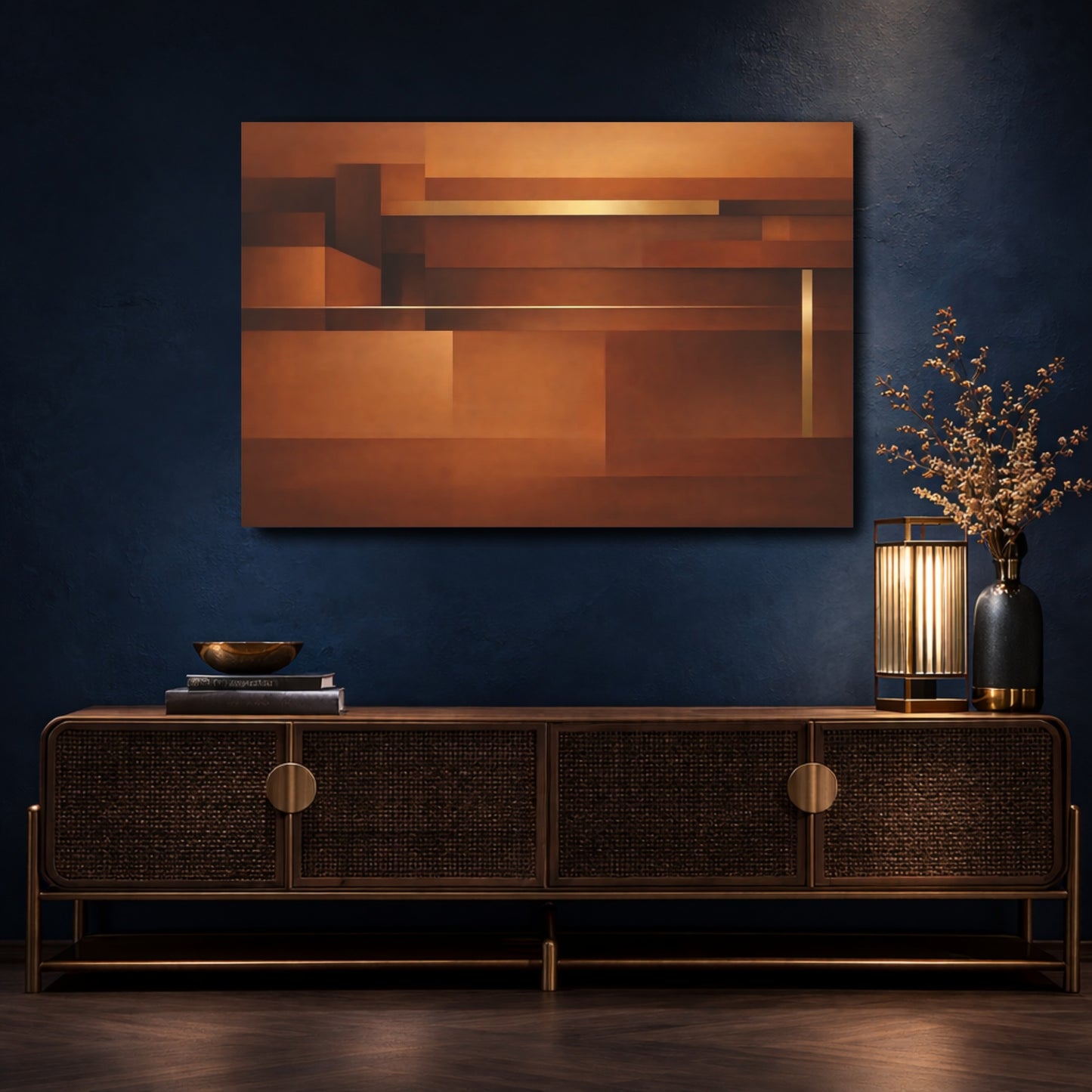 Mockup 4. Abstract Geometric Shapes Brown Gold Abstract shown as stretched canvas wall art