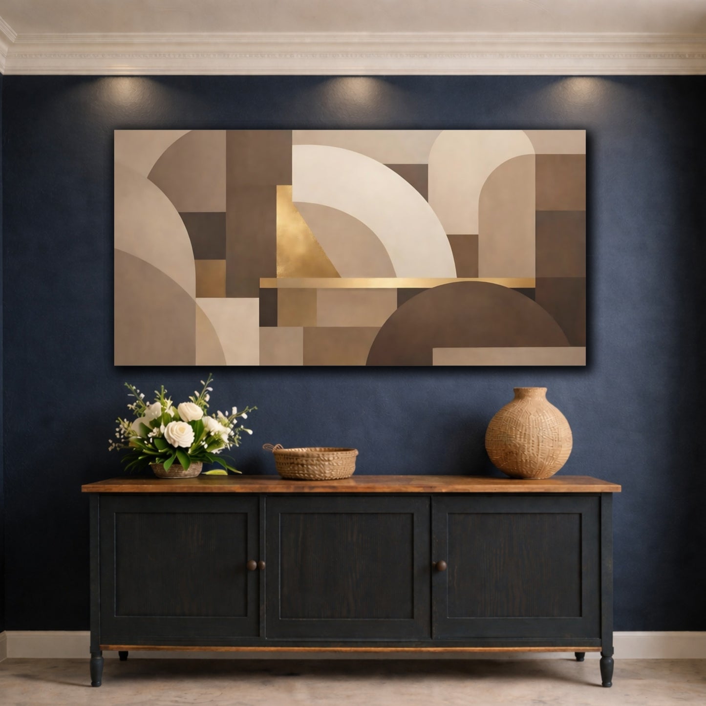 Mockup 4. Abstract Geometric Shapes Brown Gold Abstract shown as stretched canvas wall art