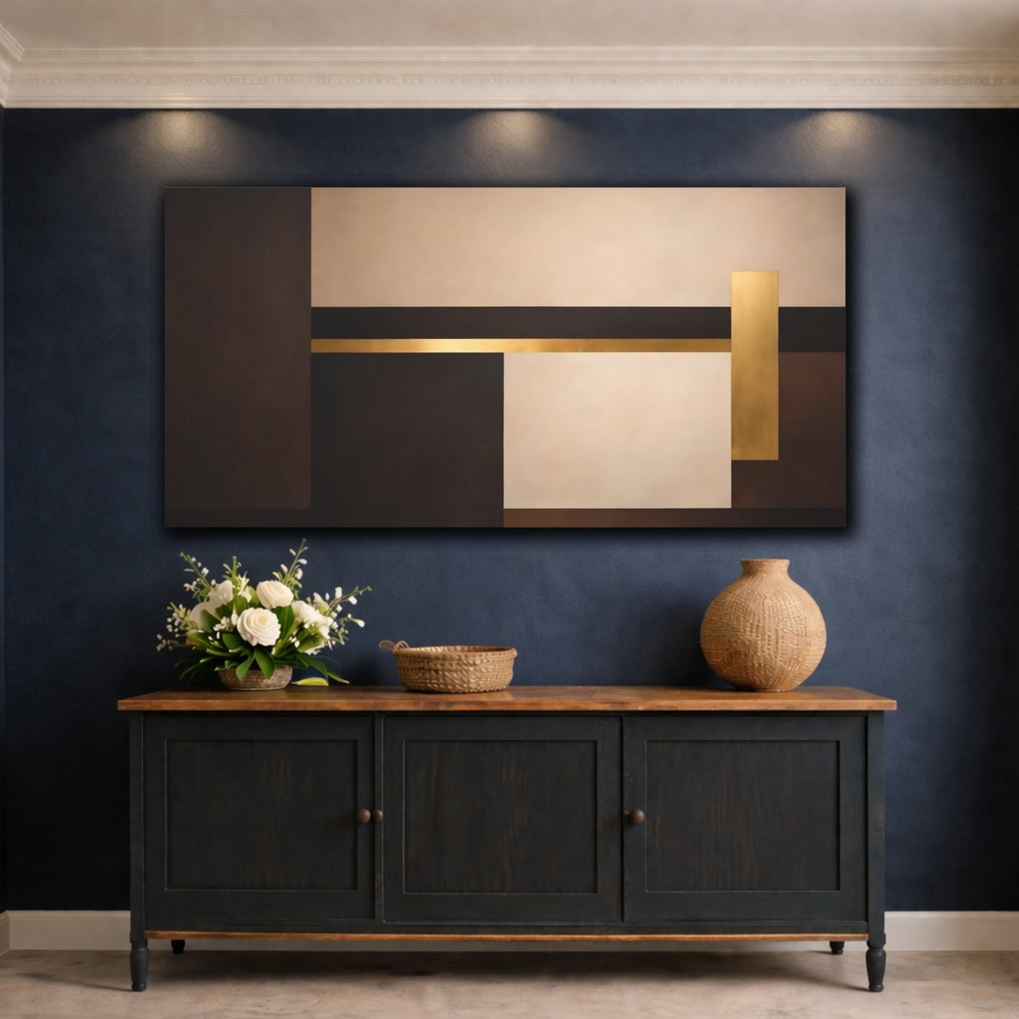 Mockup 4. Abstract Geometric Shapes Brown Gold Abstract shown as stretched canvas wall art