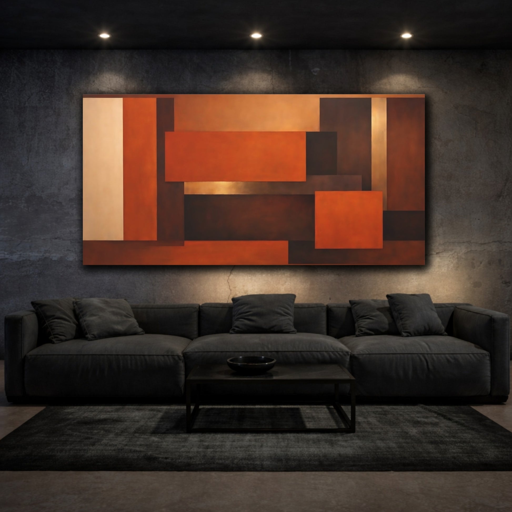 Mockup 2. Abstract Geometric Shapes Brown Gold Blocks shown as stretched canvas wall art