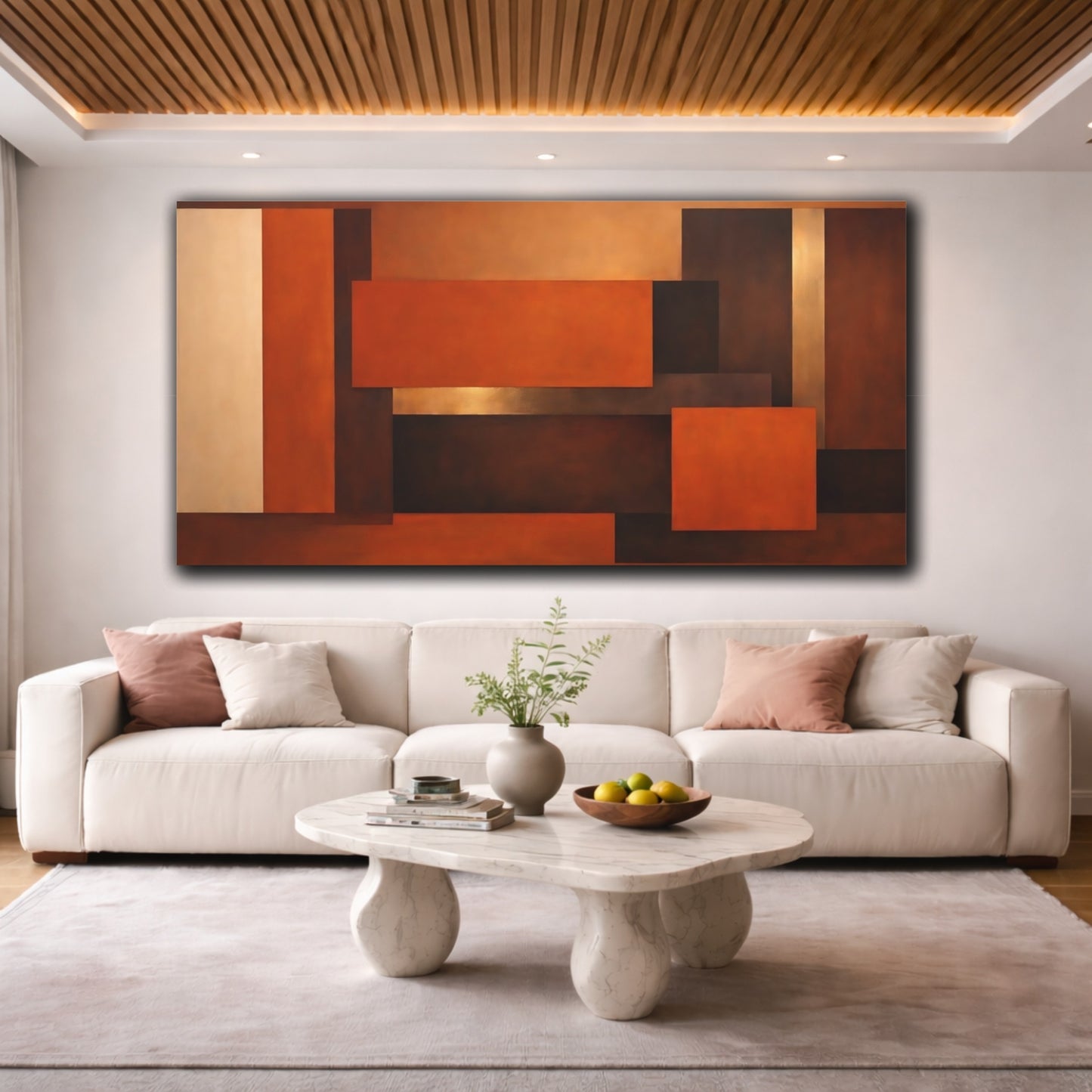 Mockup 3. Abstract Geometric Shapes Brown Gold Blocks shown as stretched canvas wall art