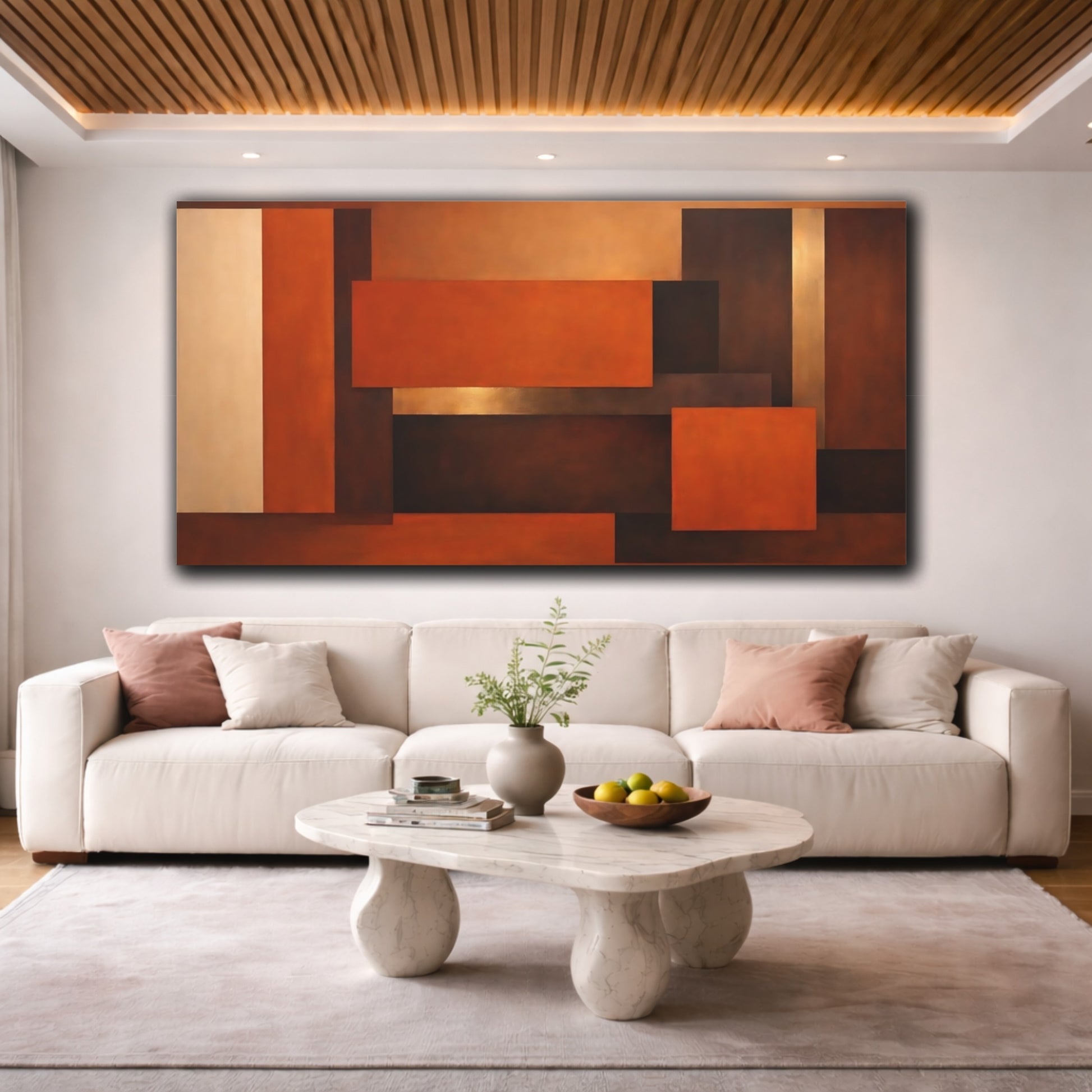 Mockup 3. Abstract Geometric Shapes Brown Gold Blocks shown as stretched canvas wall art