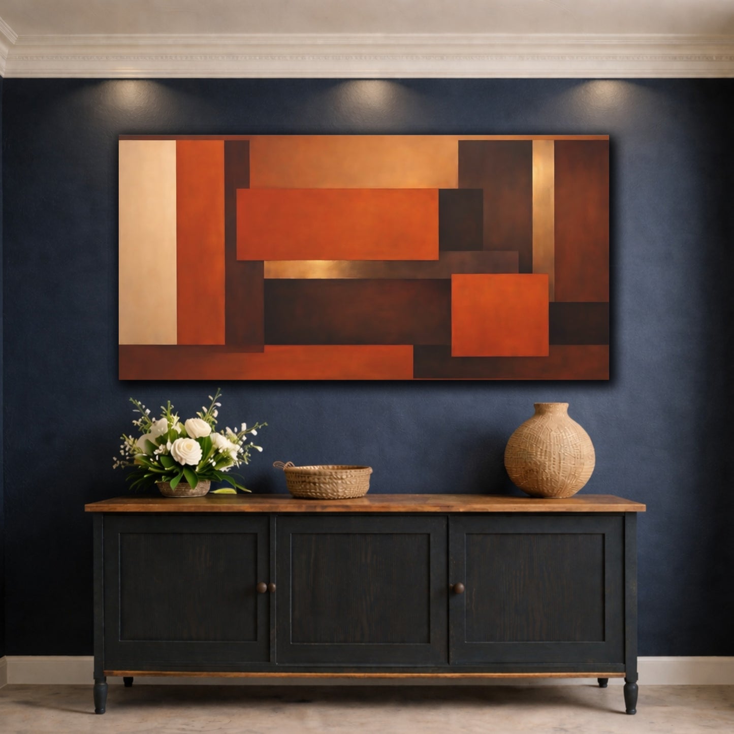 Mockup 4. Abstract Geometric Shapes Brown Gold Blocks shown as stretched canvas wall art