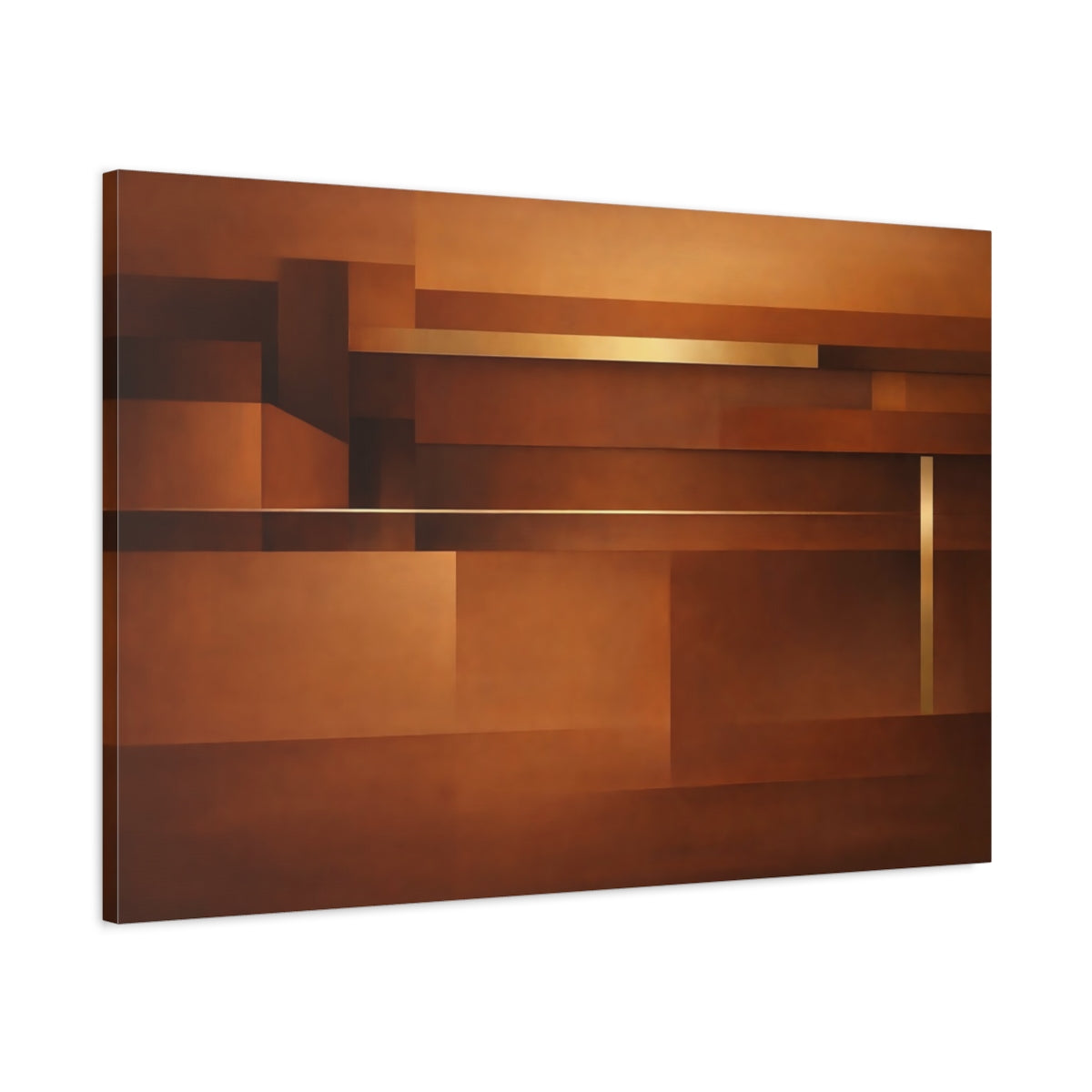 Side Mockup 1. Abstract Geometric Shapes Brown Gold Abstract shown as stretched canvas wall art
