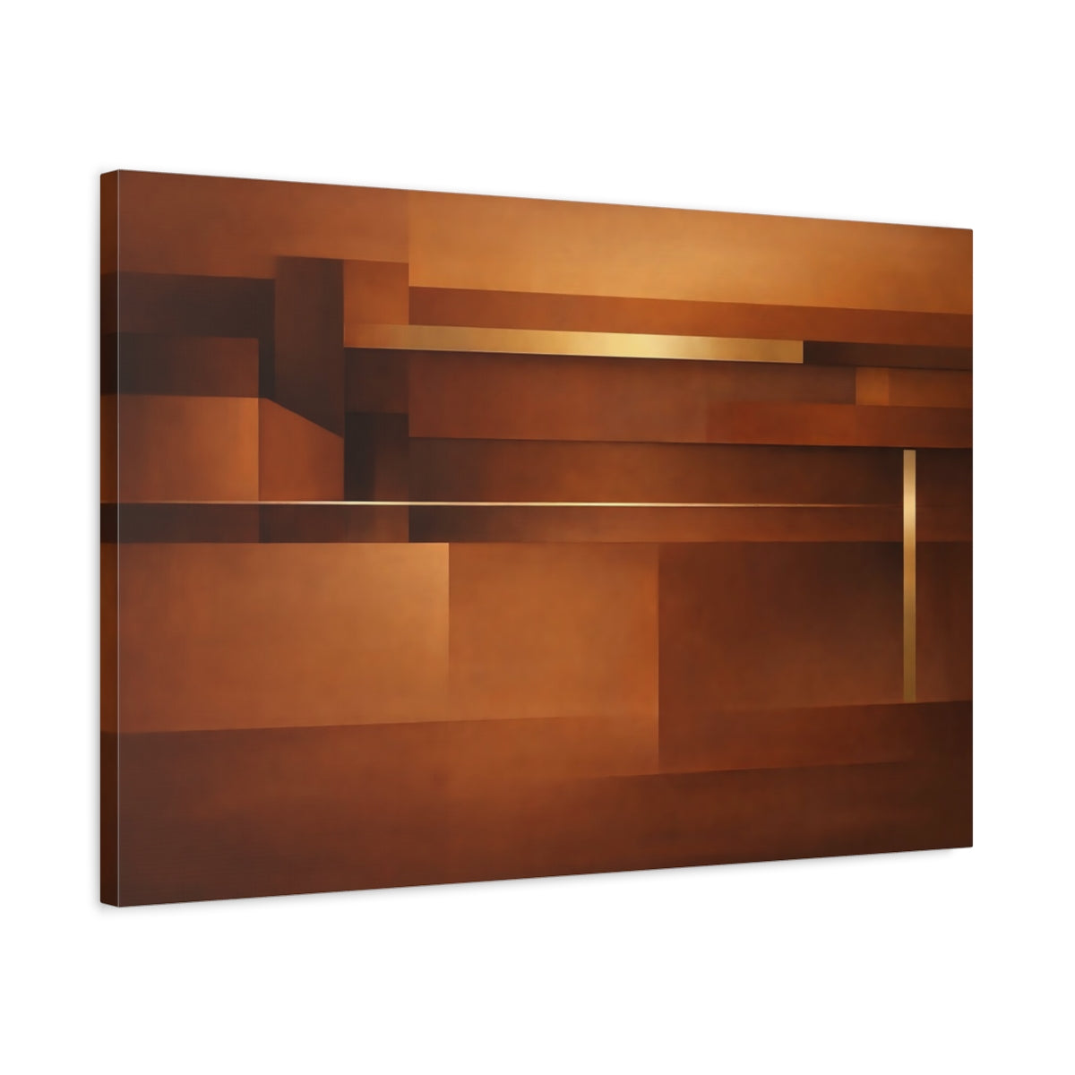 Side Mockup 2. Abstract Geometric Shapes Brown Gold Abstract shown as stretched canvas wall art