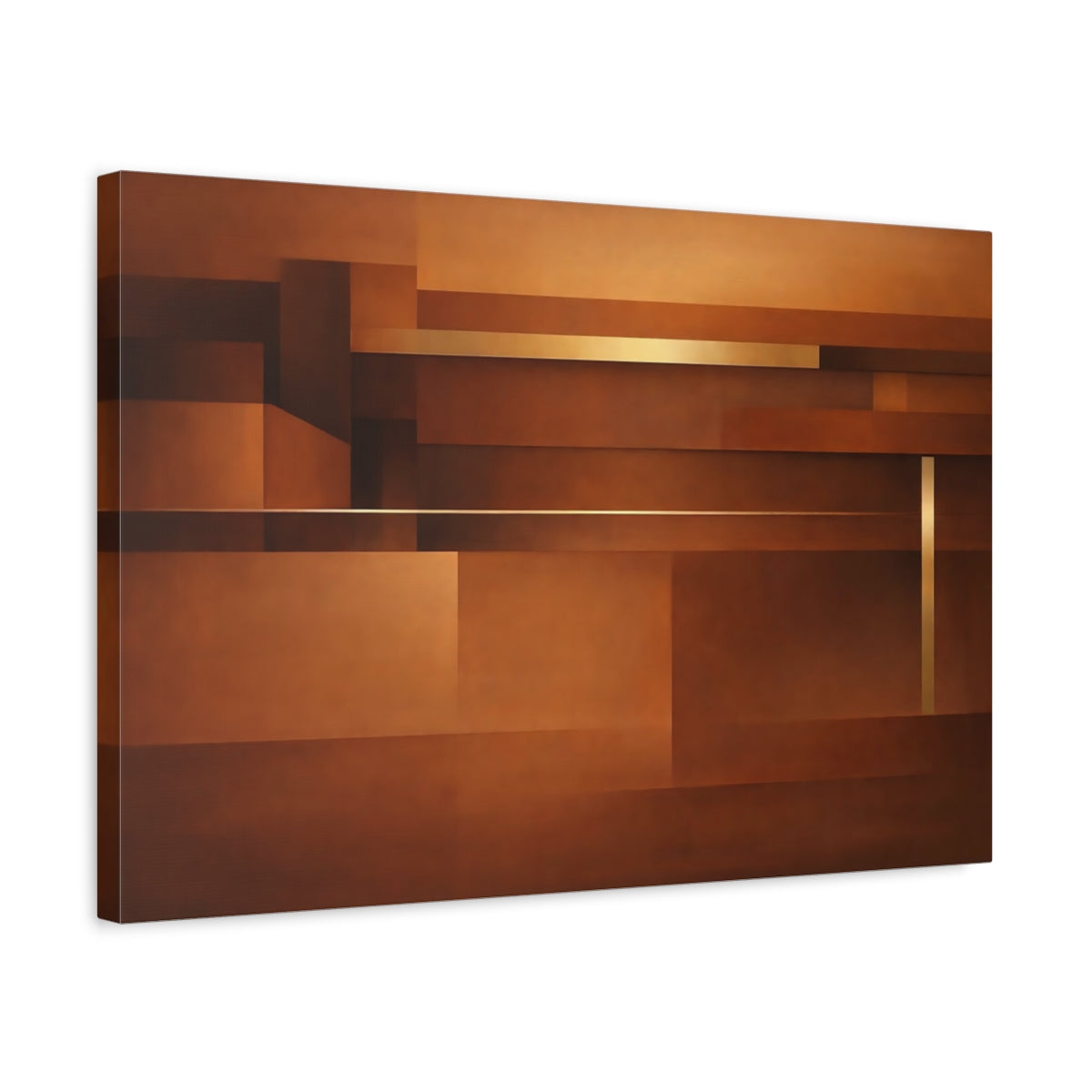 Side Mockup 3. Abstract Geometric Shapes Brown Gold Abstract shown as stretched canvas wall art