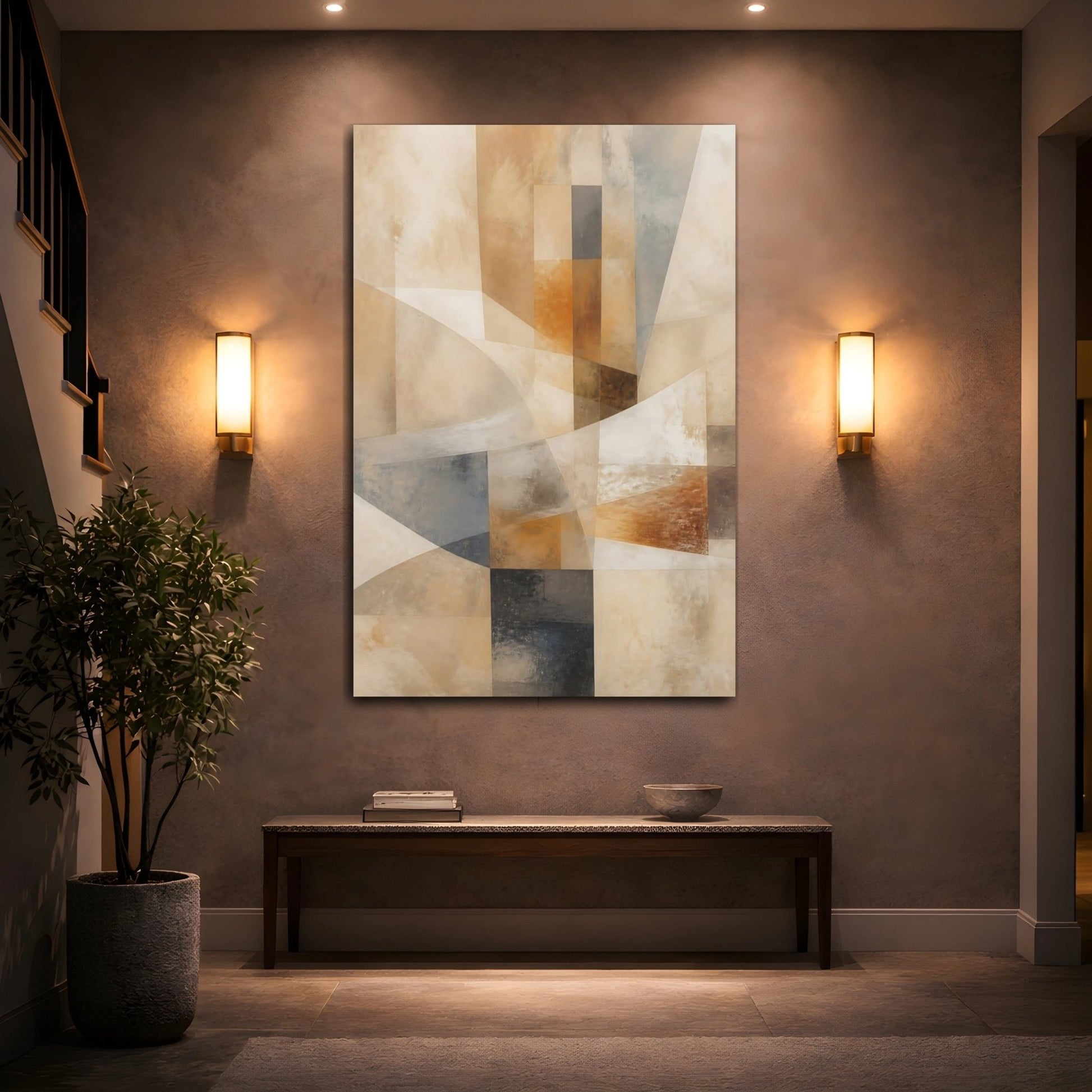 Abstract Geometric Shapes Brown Grey Canvas Print – Modern Decor for Living Room, Above Console Table - YesArtYes