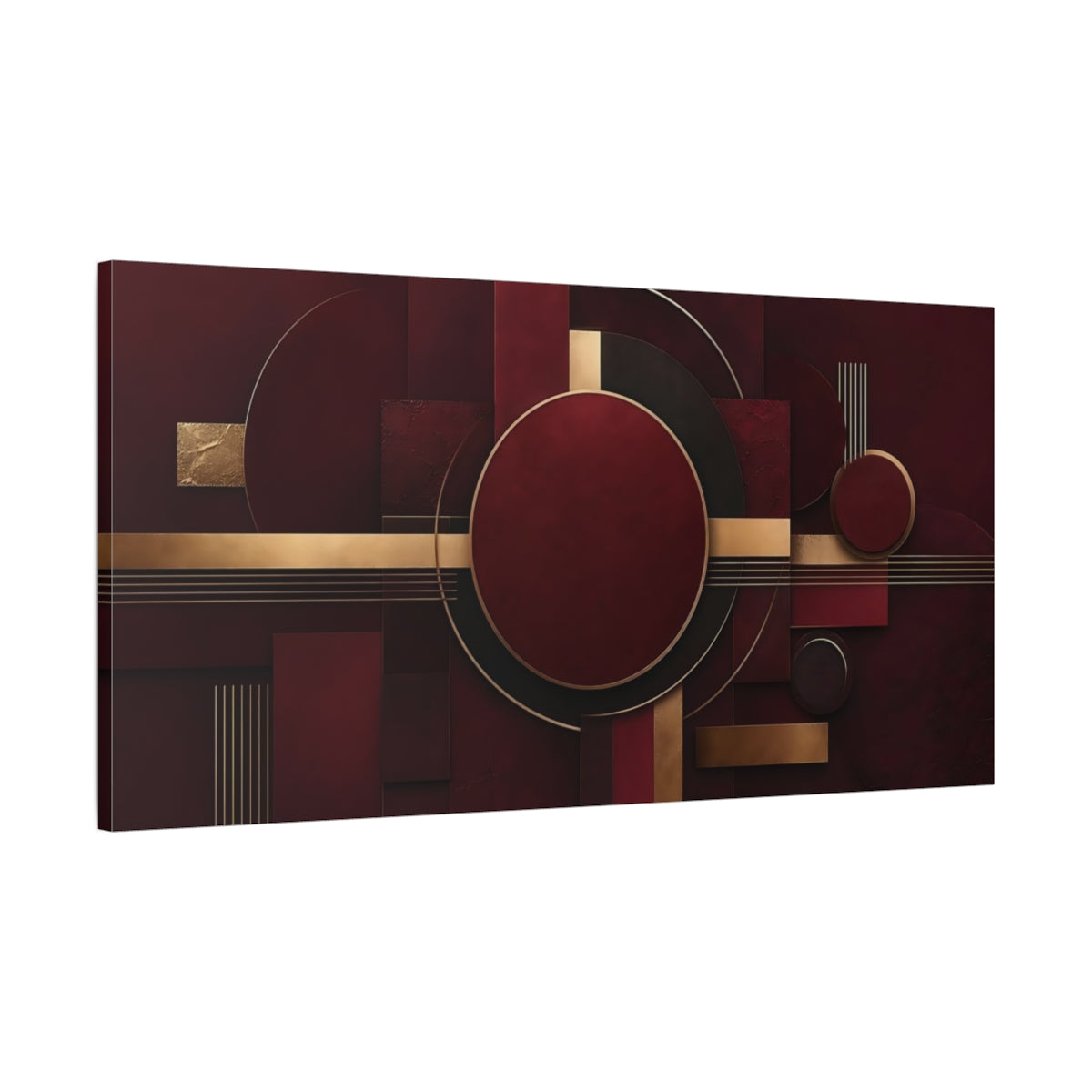 Main Mockup. Abstract Geometric Shapes Burgundy And Gold shown as stretched canvas wall art