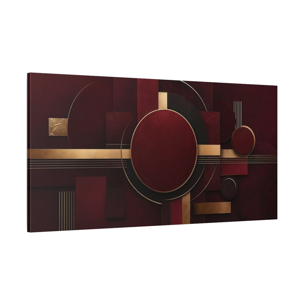 Side Mockup 2. Abstract Geometric Shapes Burgundy And Gold shown as stretched canvas wall art