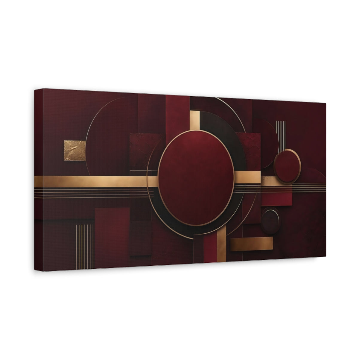 Side Mockup 3. Abstract Geometric Shapes Burgundy And Gold shown as stretched canvas wall art