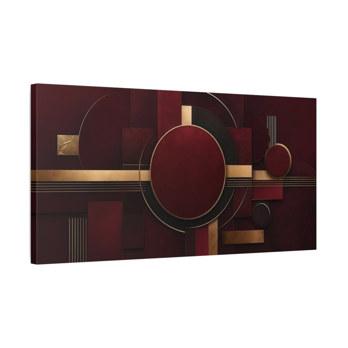 Side Mockup 1. Abstract Geometric Shapes Burgundy And Gold shown as stretched canvas wall art