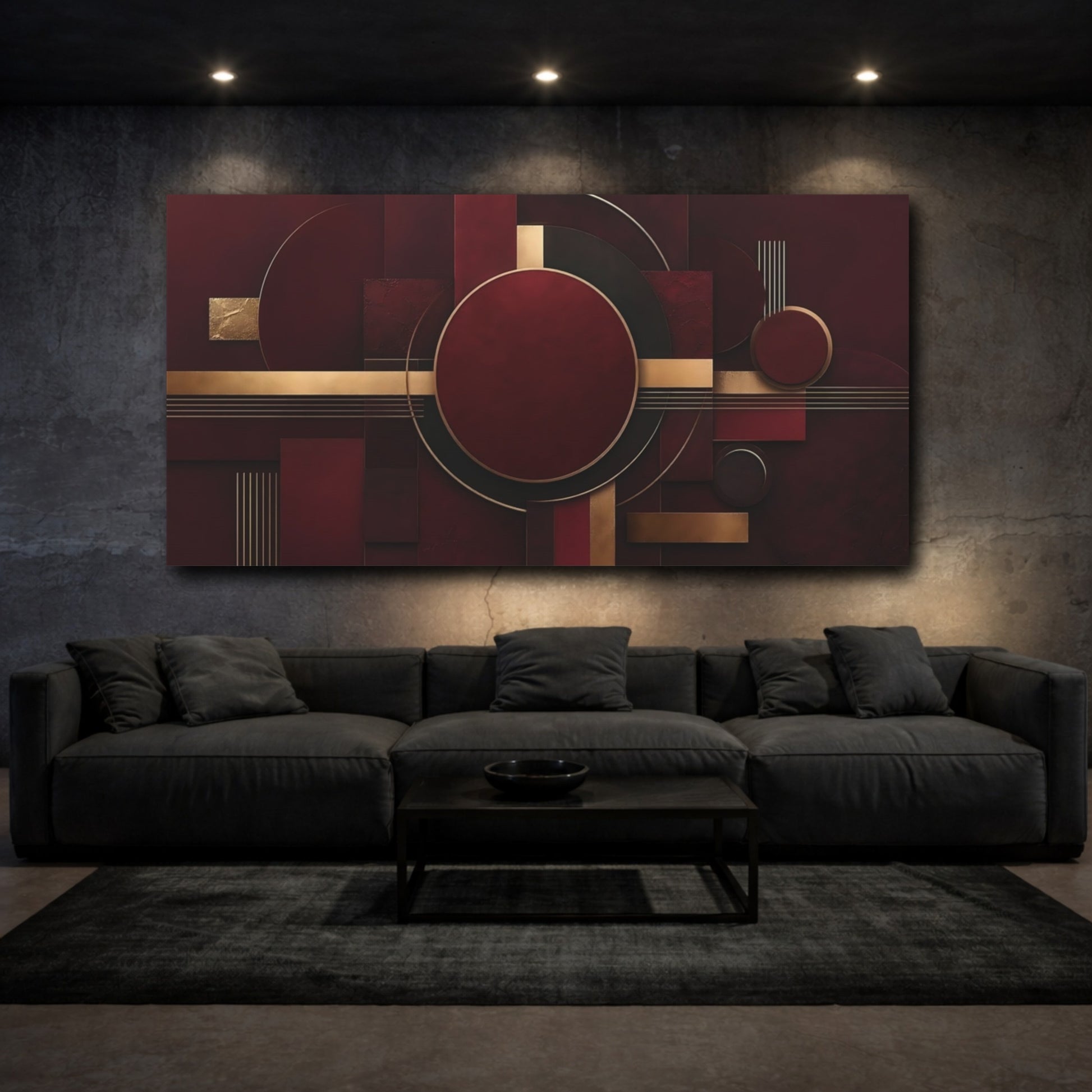 Mockup 2. Abstract Geometric Shapes Burgundy And Gold shown as stretched canvas wall art