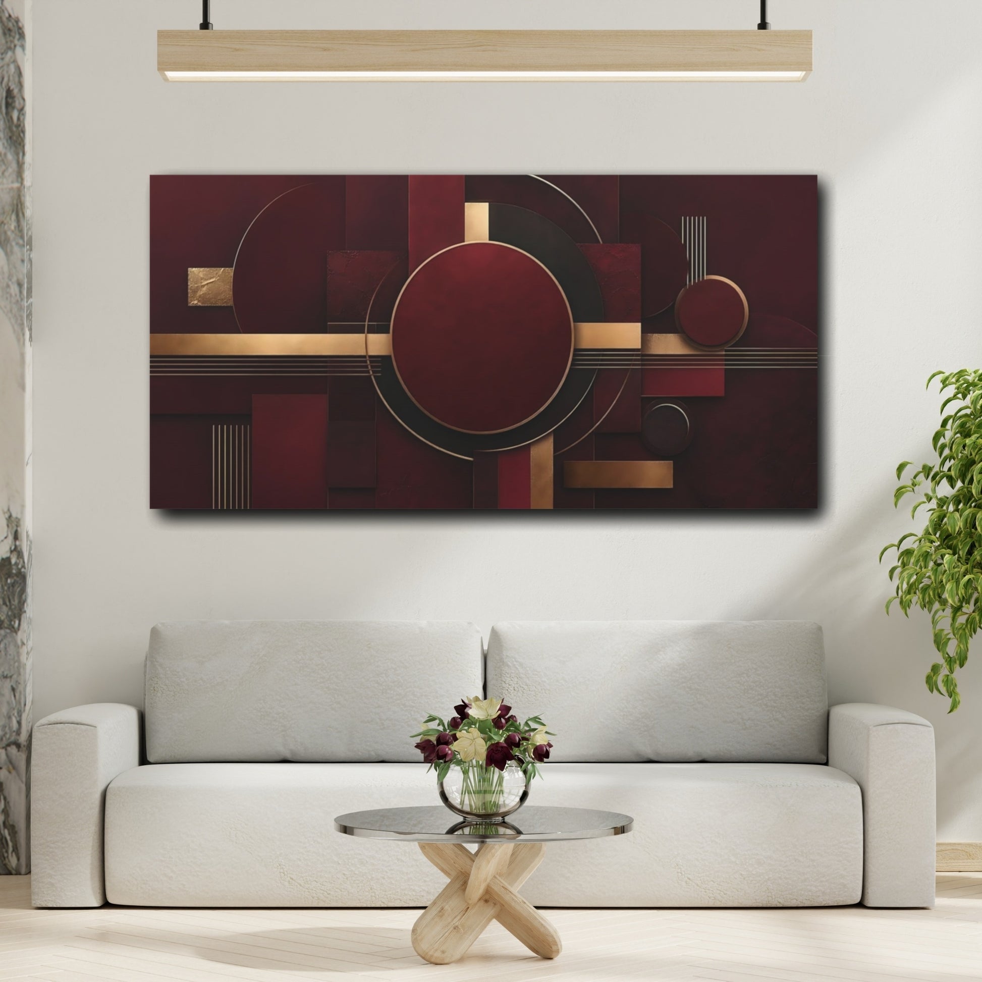 Mockup 3. Abstract Geometric Shapes Burgundy And Gold shown as stretched canvas wall art