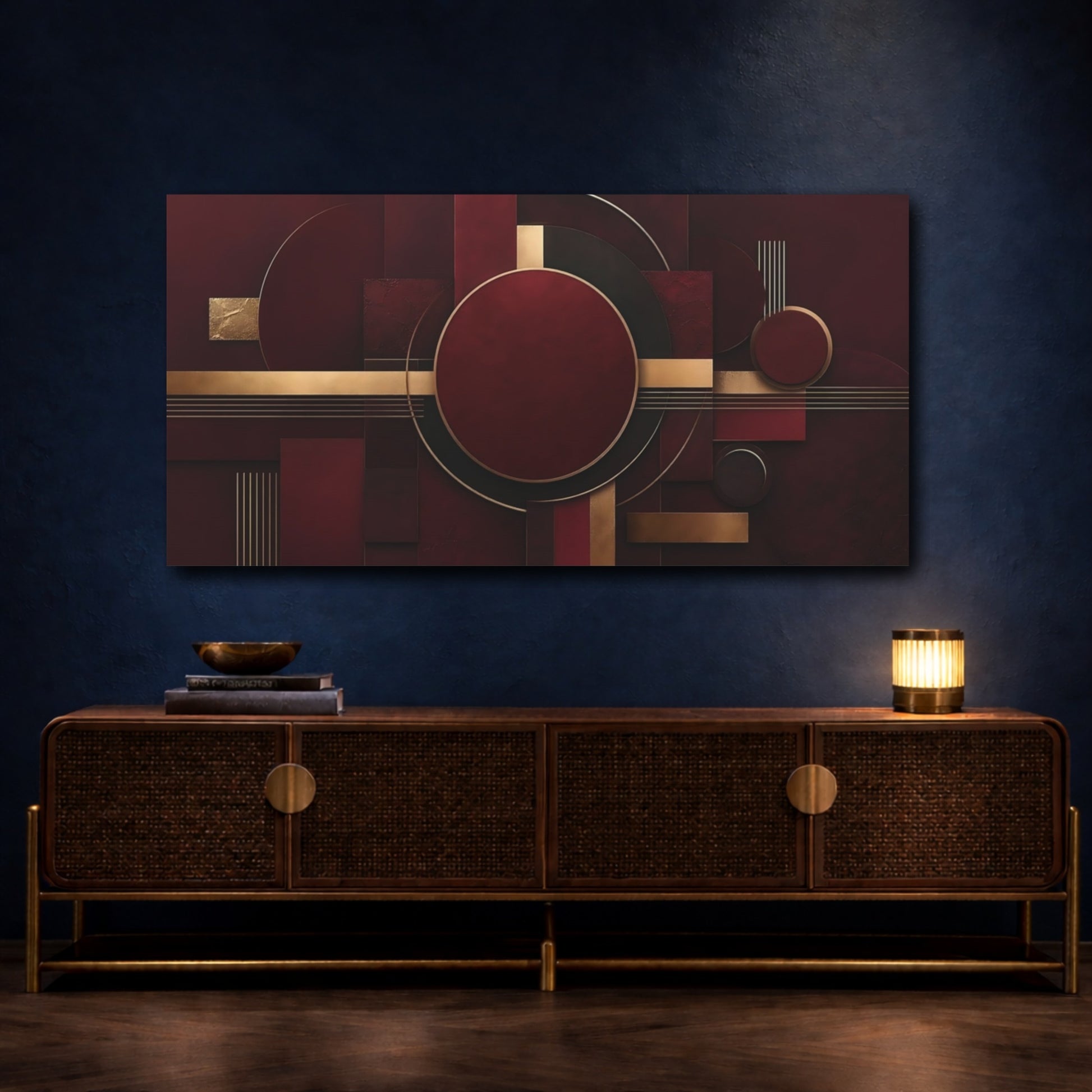 Mockup 4. Abstract Geometric Shapes Burgundy And Gold shown as stretched canvas wall art