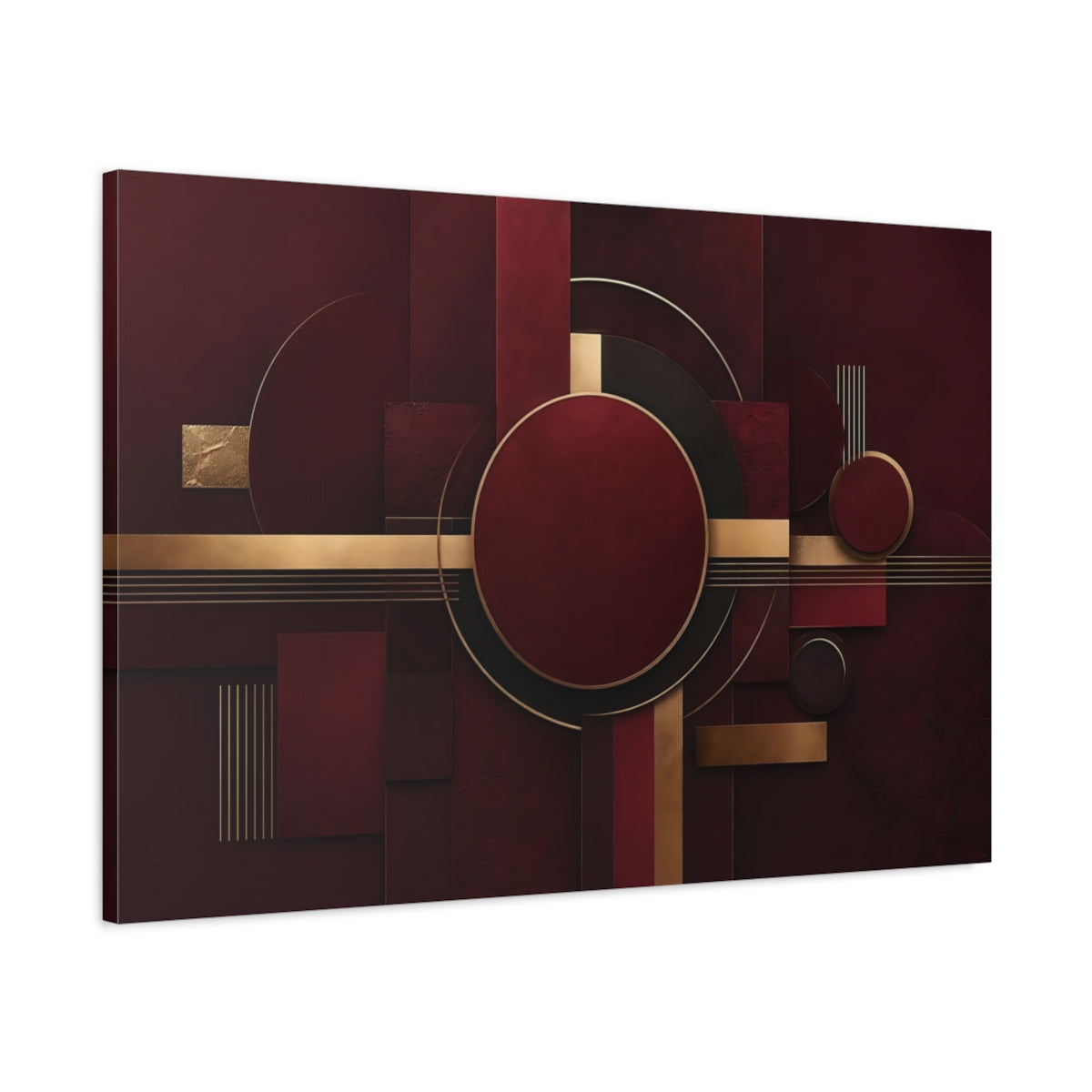 Main Mockup. Abstract Geometric Shapes Burgundy Gold shown as stretched canvas wall art
