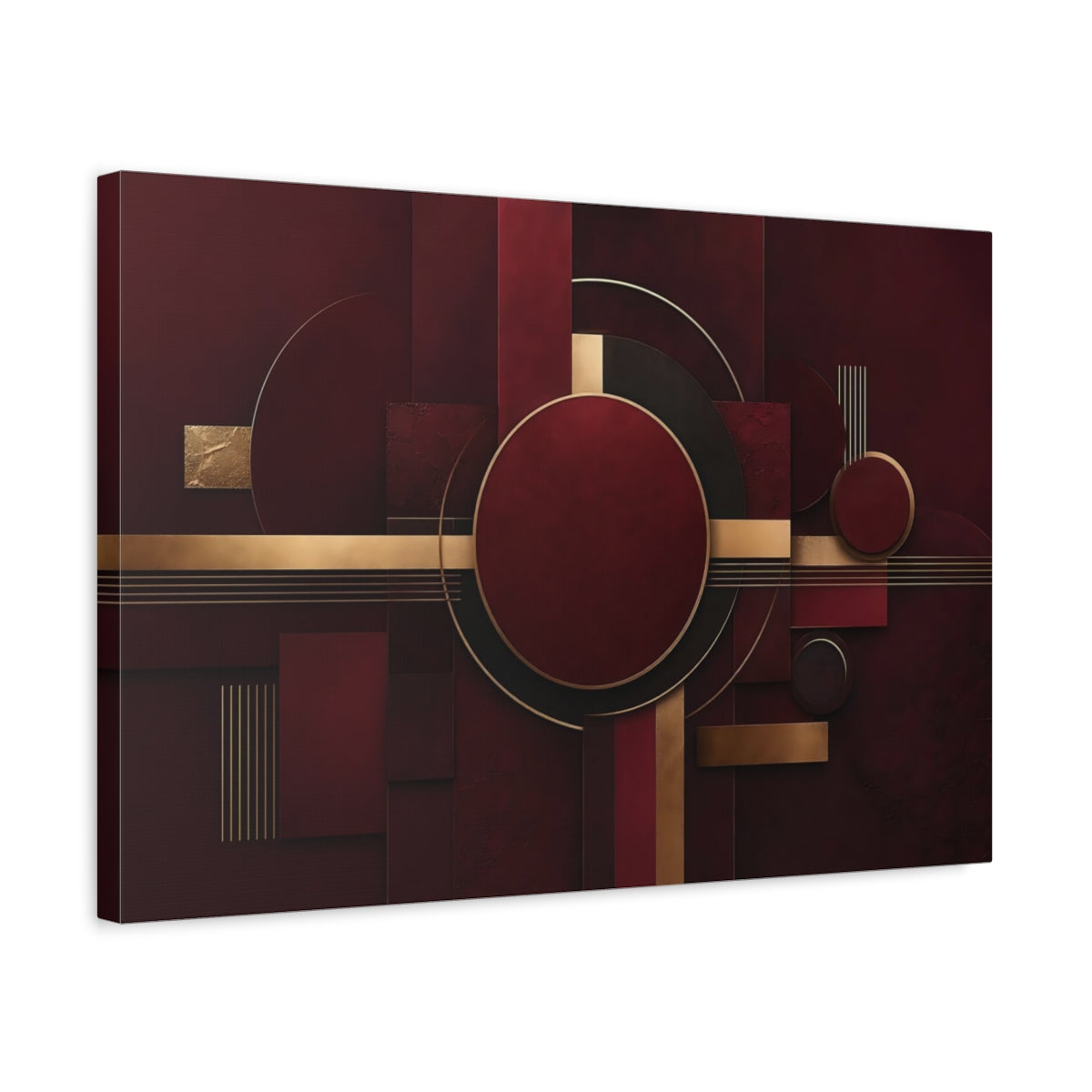 Side Mockup 3. Abstract Geometric Shapes Burgundy Gold shown as stretched canvas wall art