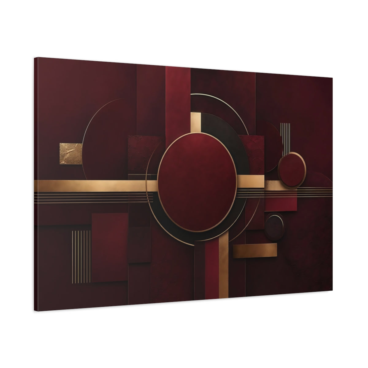 Side Mockup 1. Abstract Geometric Shapes Burgundy Gold shown as stretched canvas wall art