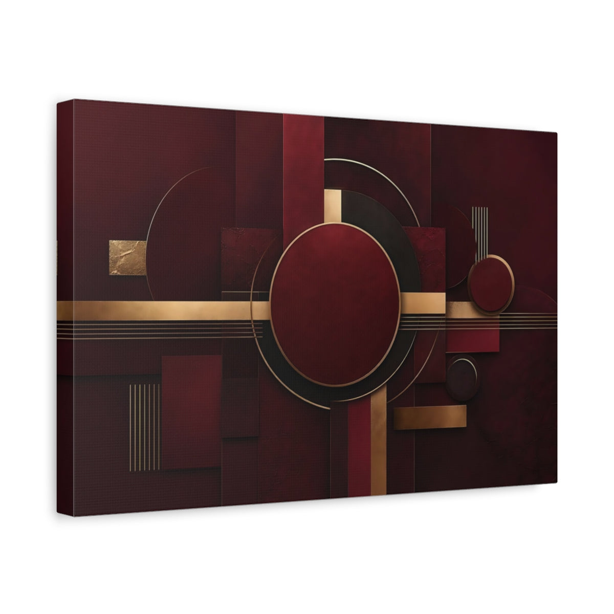 Side Mockup 4. Abstract Geometric Shapes Burgundy Gold shown as stretched canvas wall art