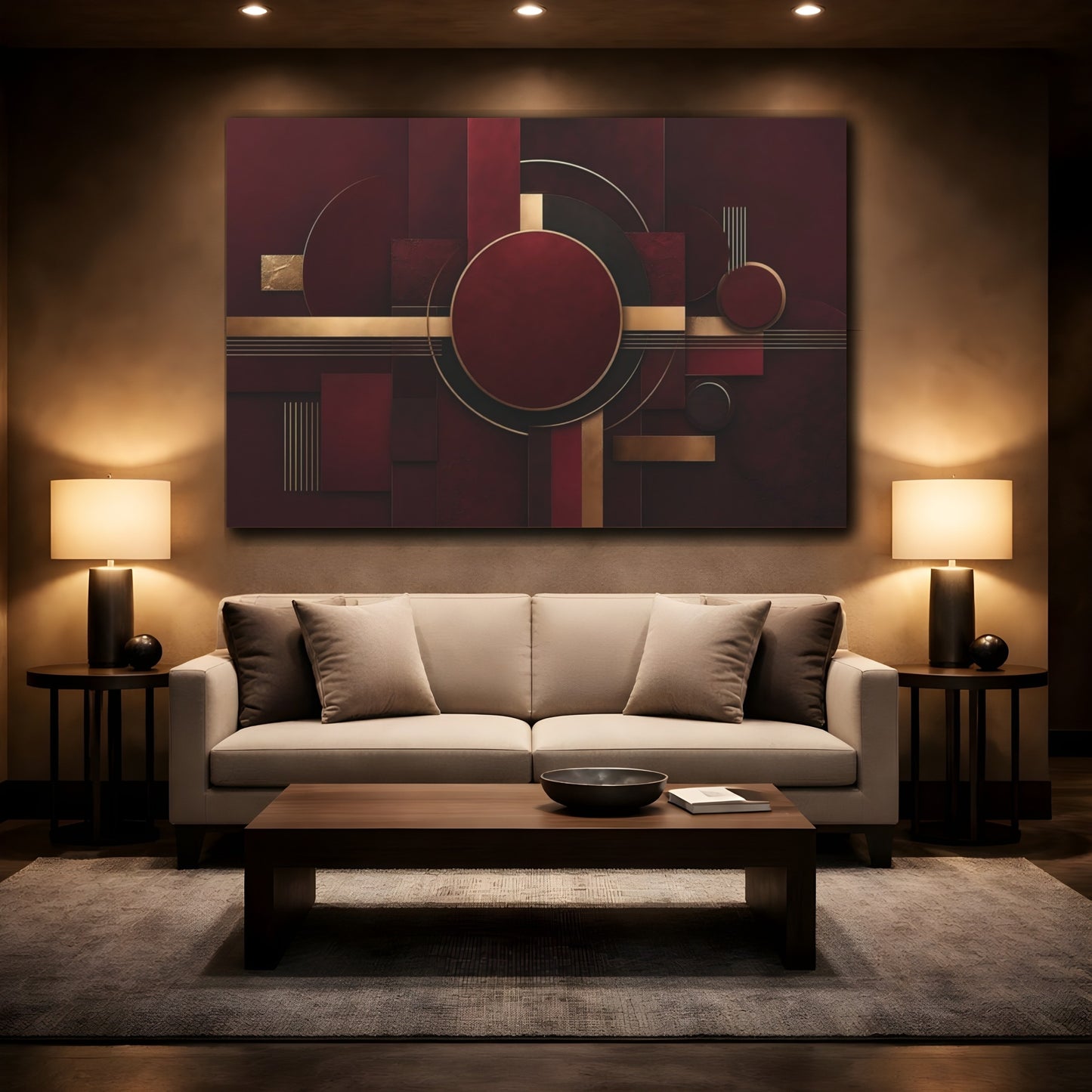 Mockup 2. Abstract Geometric Shapes Burgundy Gold shown as stretched canvas wall art