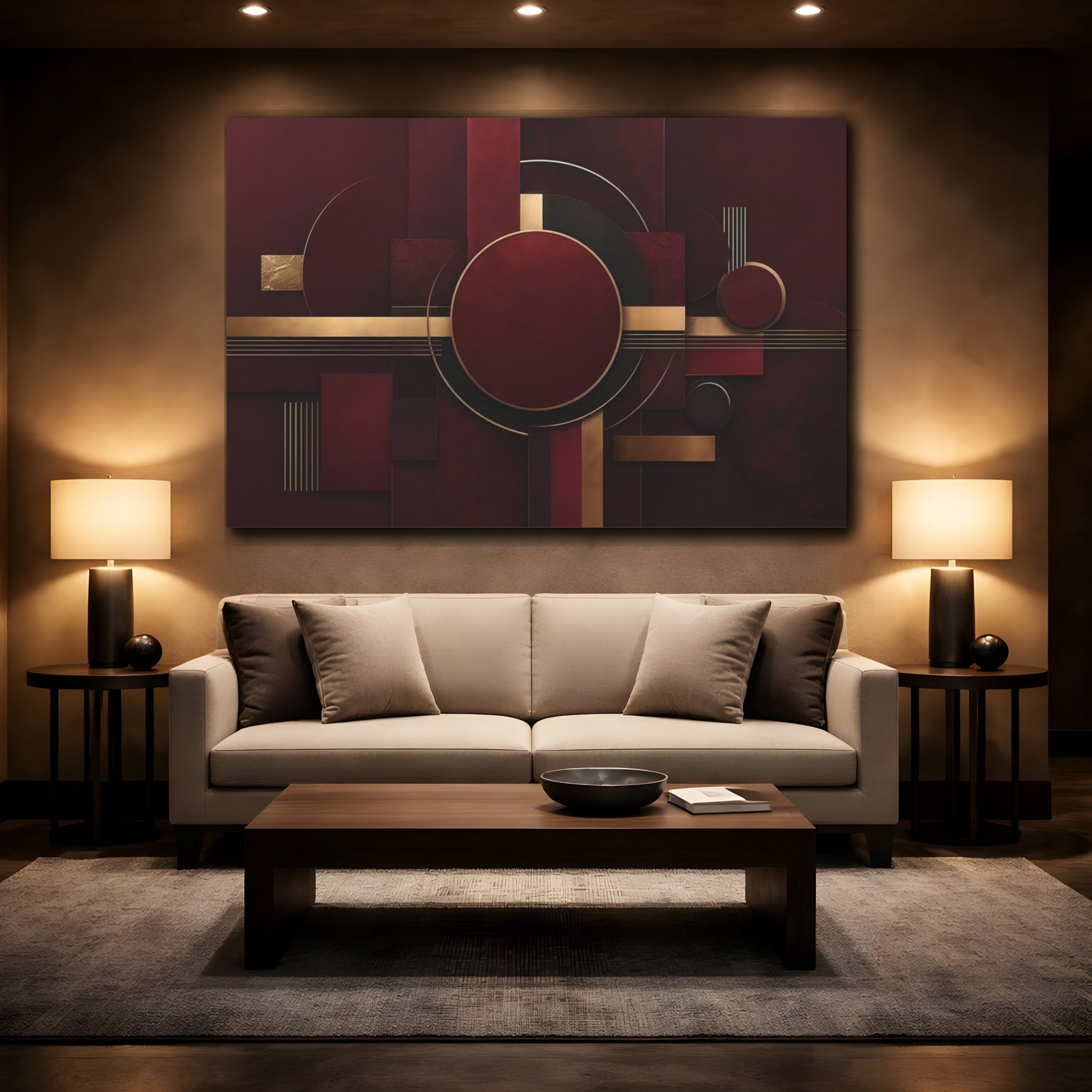 Mockup 2. Abstract Geometric Shapes Burgundy Gold shown as stretched canvas wall art