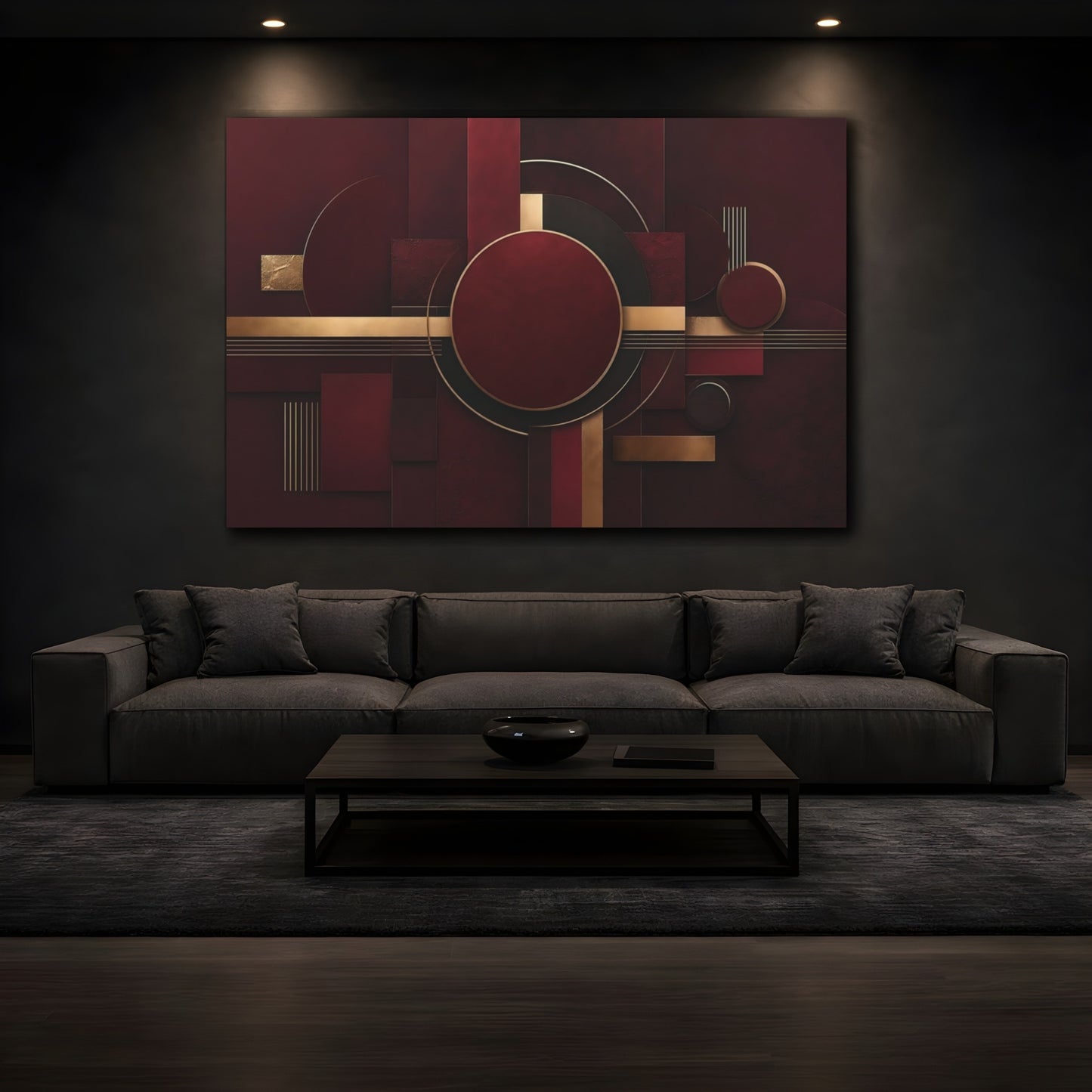 Mockup 3. Abstract Geometric Shapes Burgundy Gold shown as stretched canvas wall art