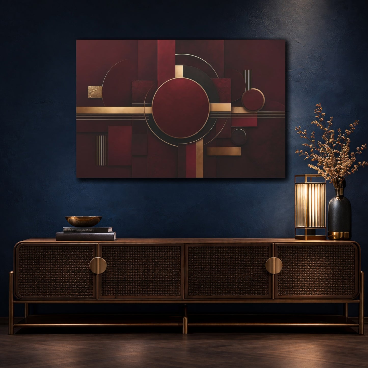 Mockup 4. Abstract Geometric Shapes Burgundy Gold shown as stretched canvas wall art