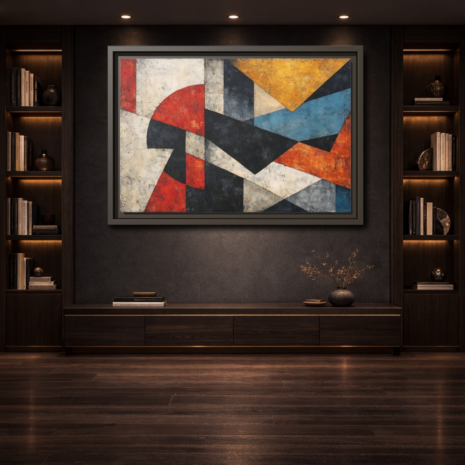Mockup 3. Abstract Geometric Shapes Colorful Abstract shown as stretched canvas wall art