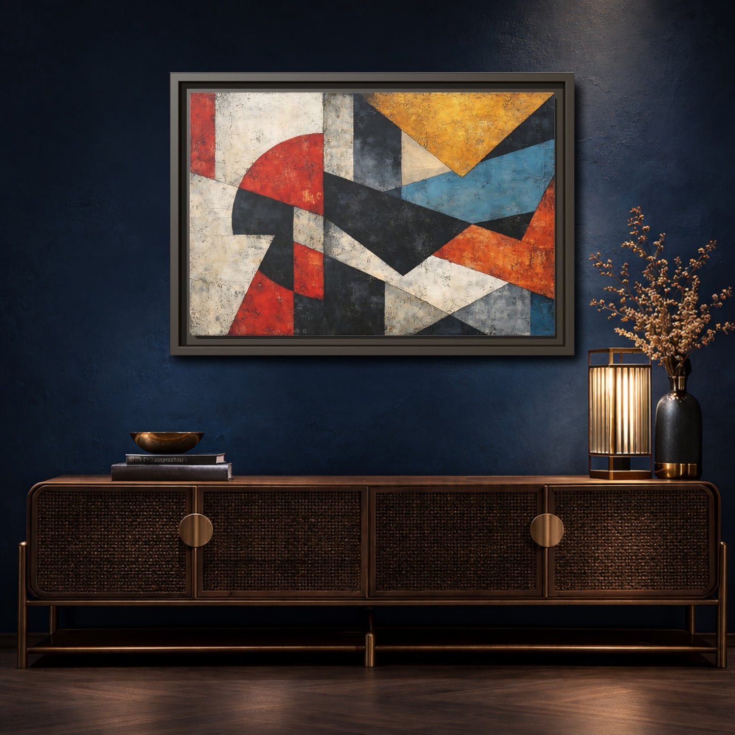 Mockup 4. Abstract Geometric Shapes Colorful Abstract shown as stretched canvas wall art