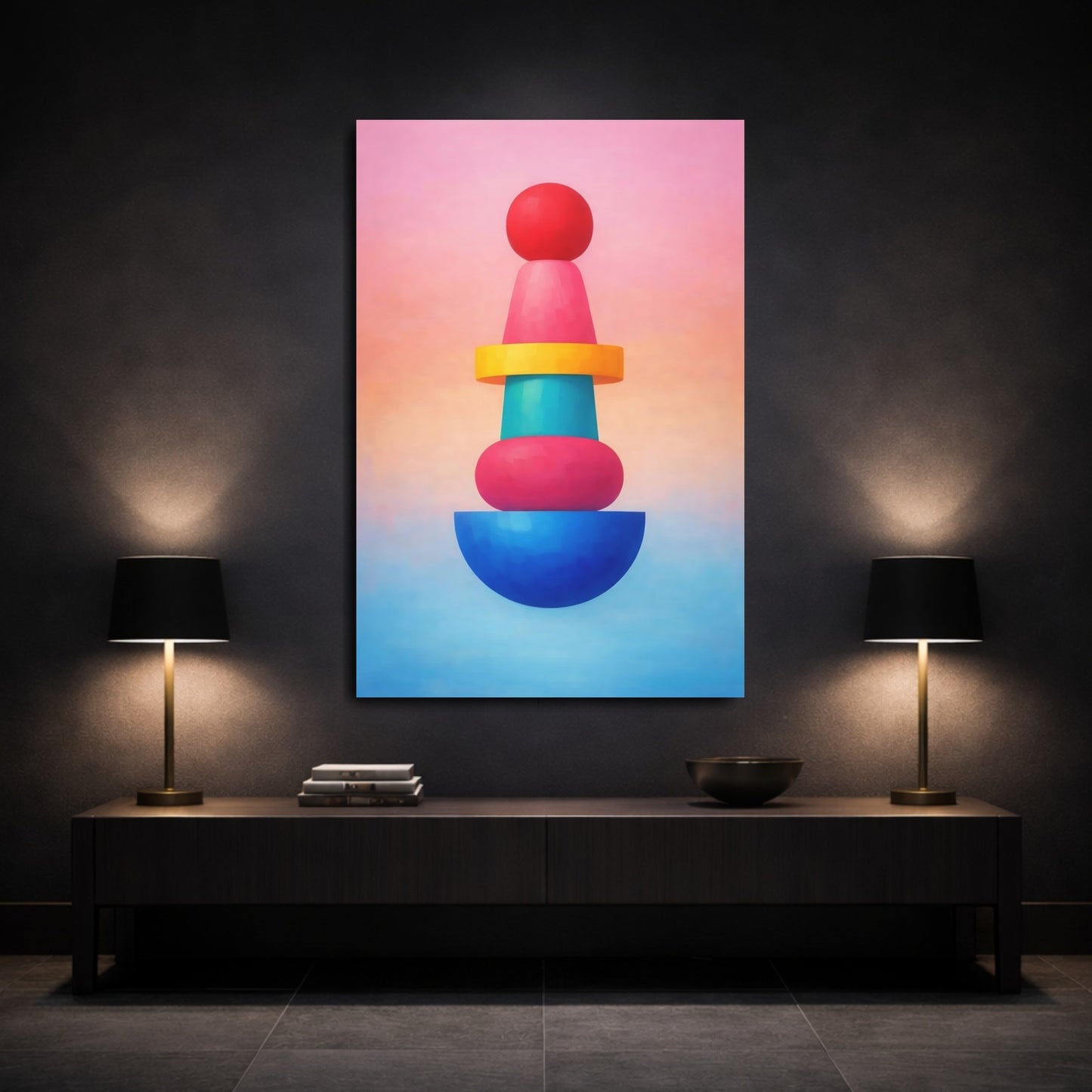 Mockup 2. Abstract Geometric Shapes Colorful Geometric Stack shown as stretched canvas wall art