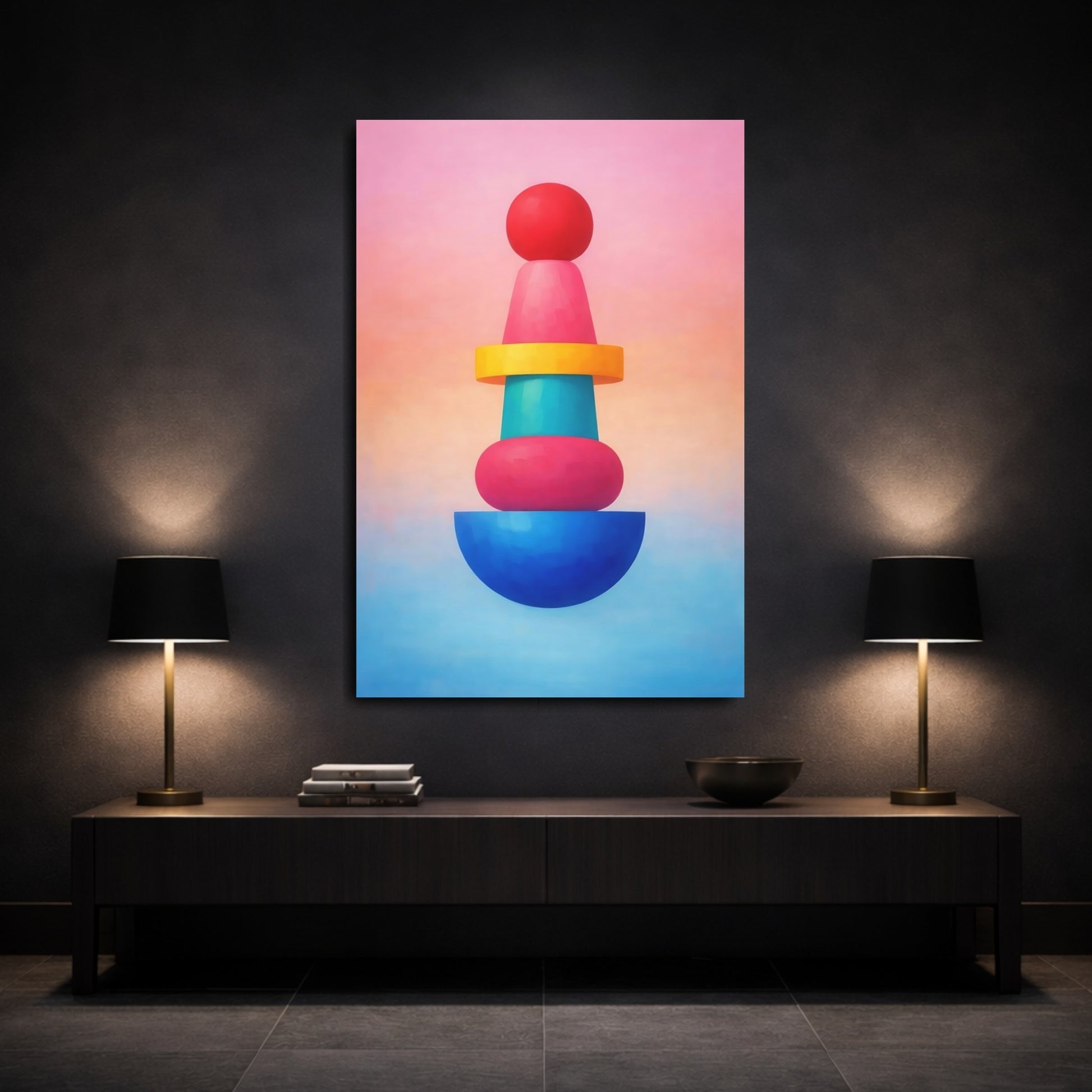 Mockup 2. Abstract Geometric Shapes Colorful Geometric Stack shown as stretched canvas wall art