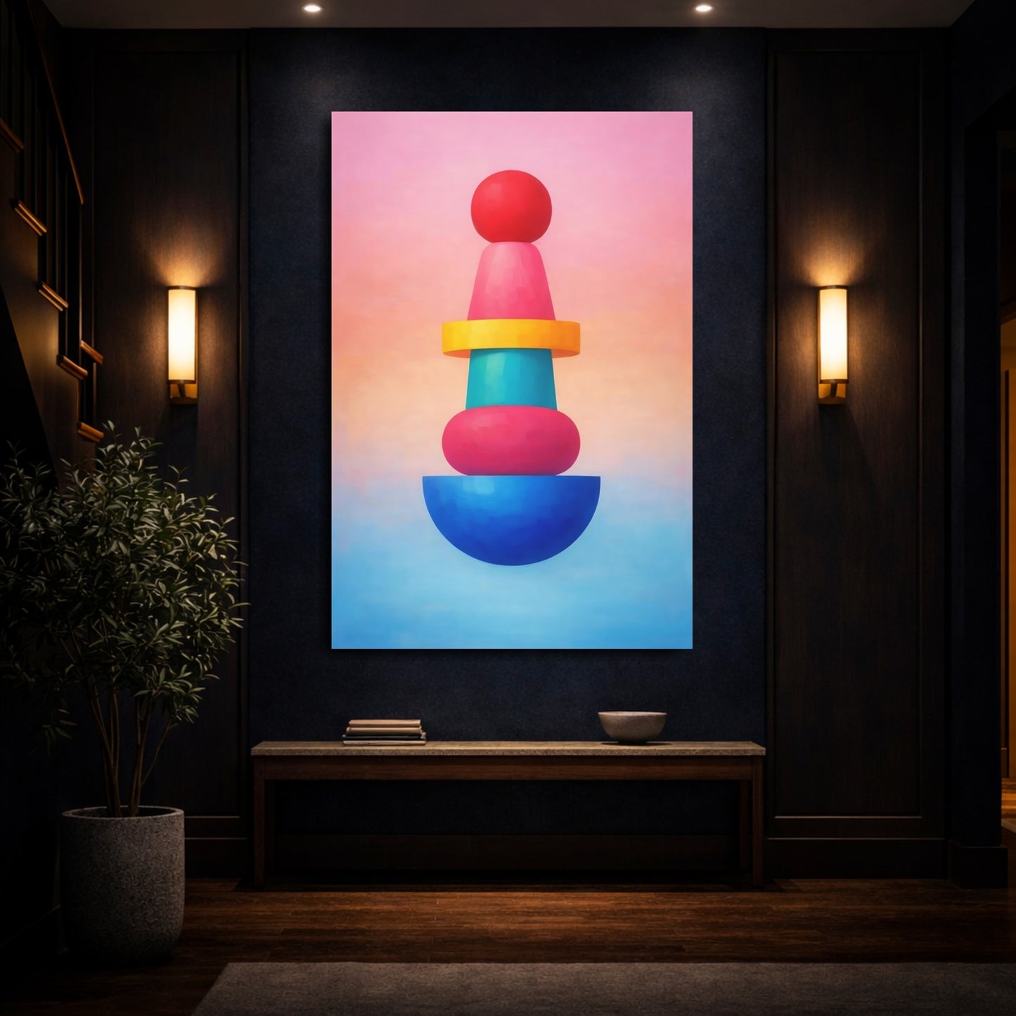 Mockup 3. Abstract Geometric Shapes Colorful Geometric Stack shown as stretched canvas wall art