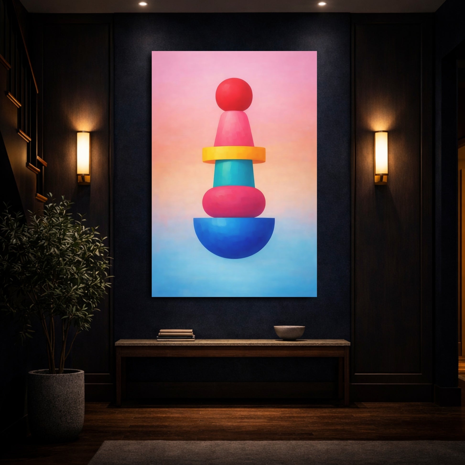 Mockup 3. Abstract Geometric Shapes Colorful Geometric Stack shown as stretched canvas wall art
