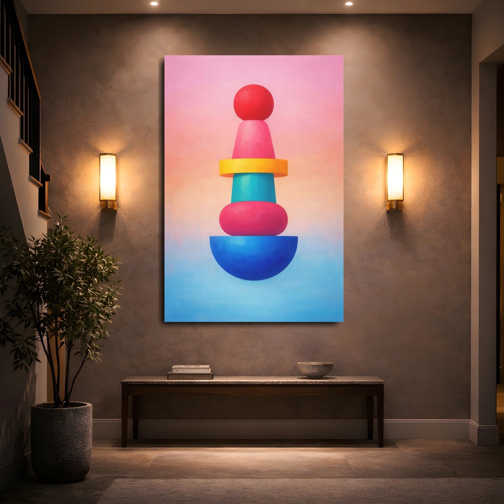 Mockup 4. Abstract Geometric Shapes Colorful Geometric Stack shown as stretched canvas wall art