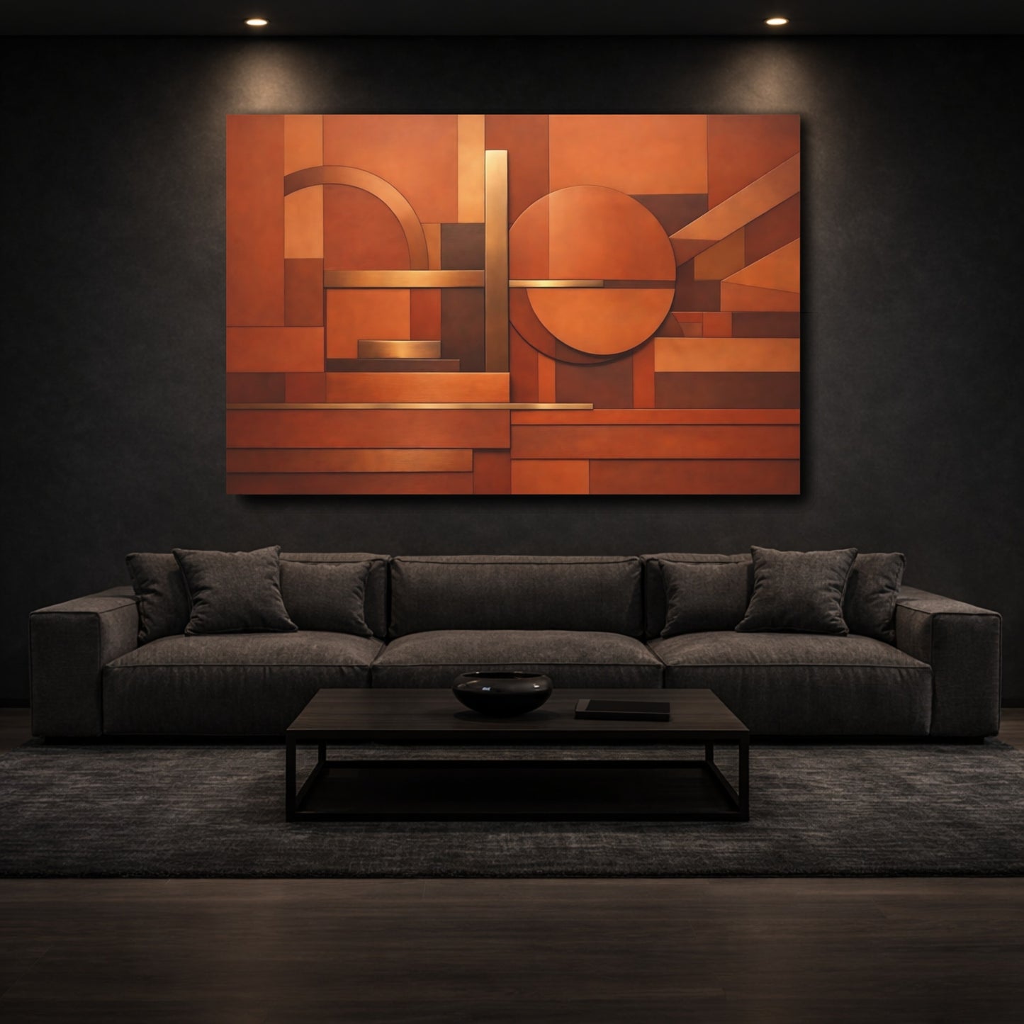 Mockup 2. Abstract Geometric Shapes Copper Brown Abstract shown as stretched canvas wall art