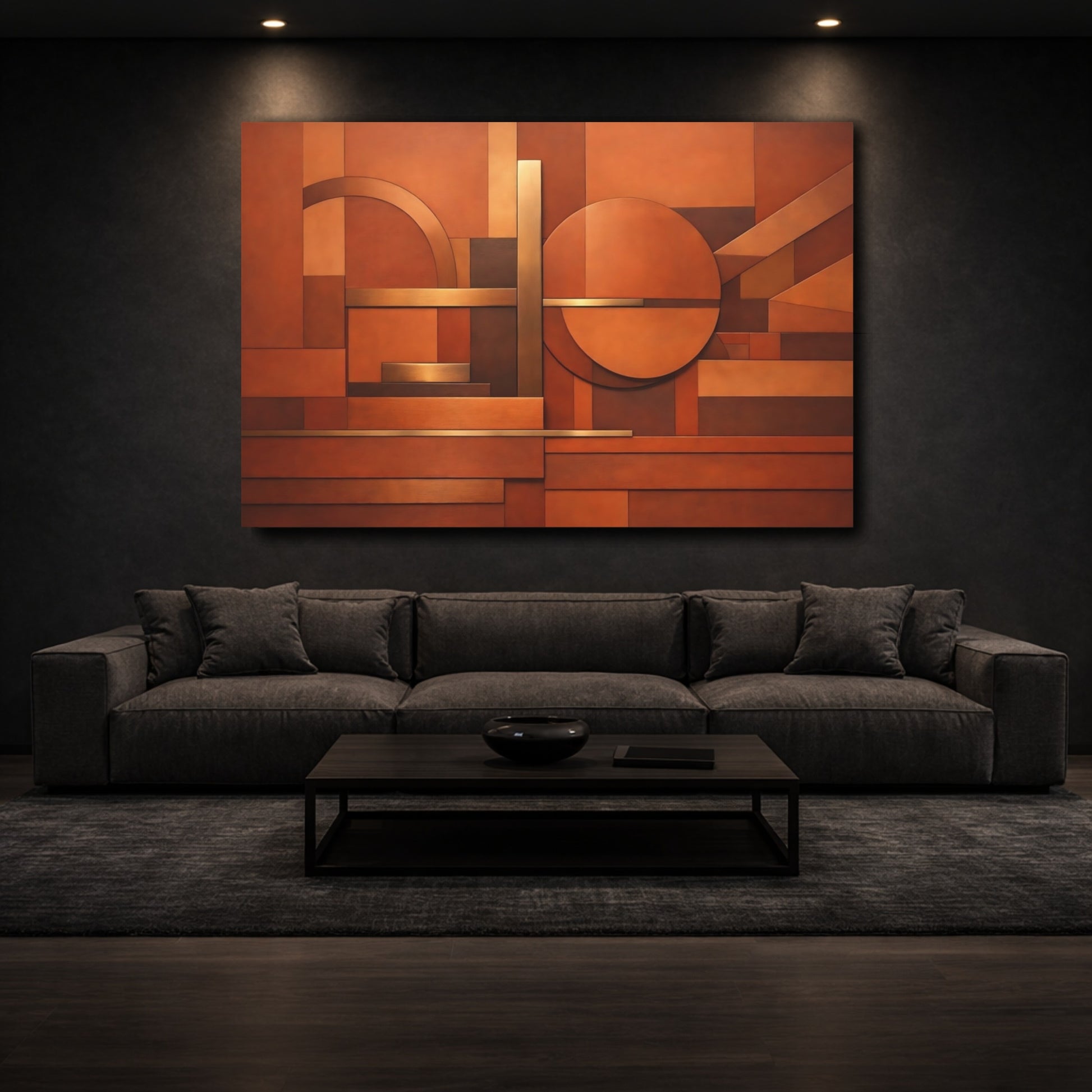 Mockup 2. Abstract Geometric Shapes Copper Brown Abstract shown as stretched canvas wall art