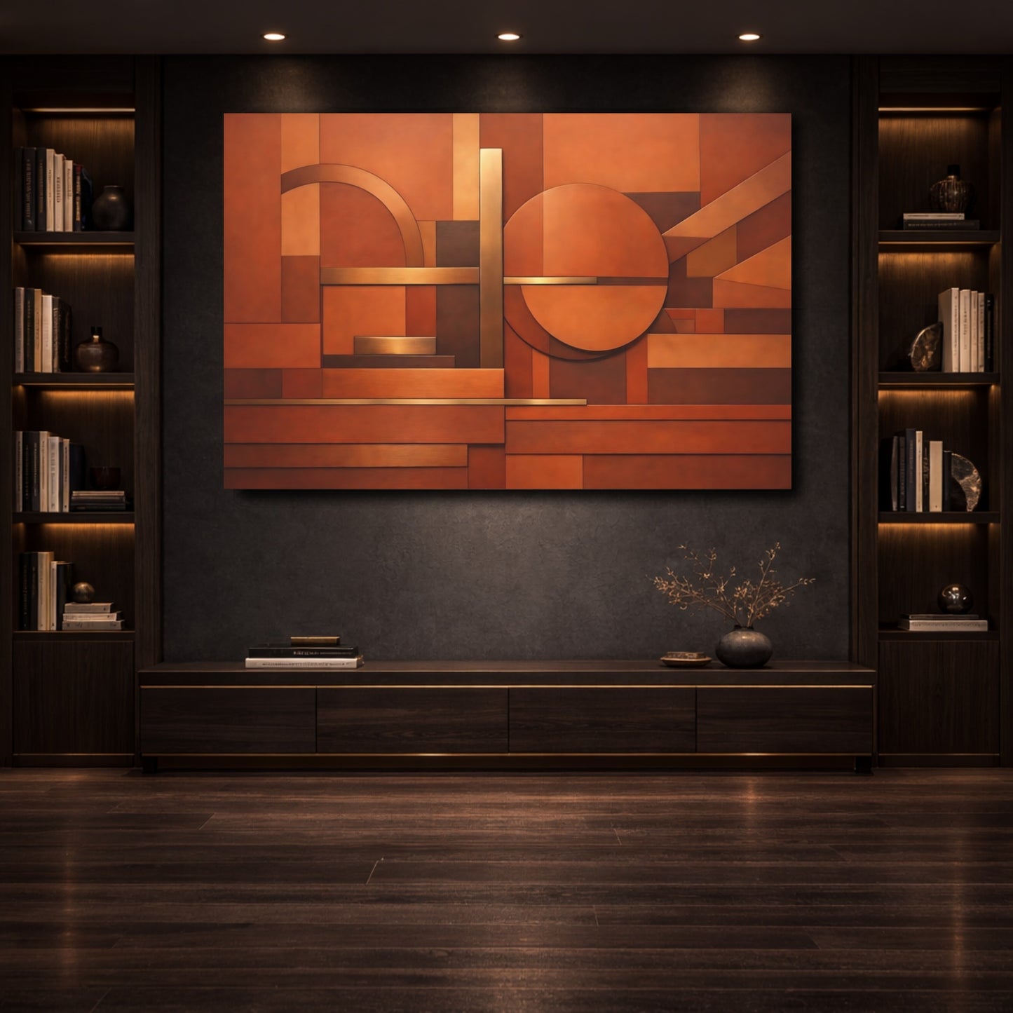 Mockup 3. Abstract Geometric Shapes Copper Brown Abstract shown as stretched canvas wall art