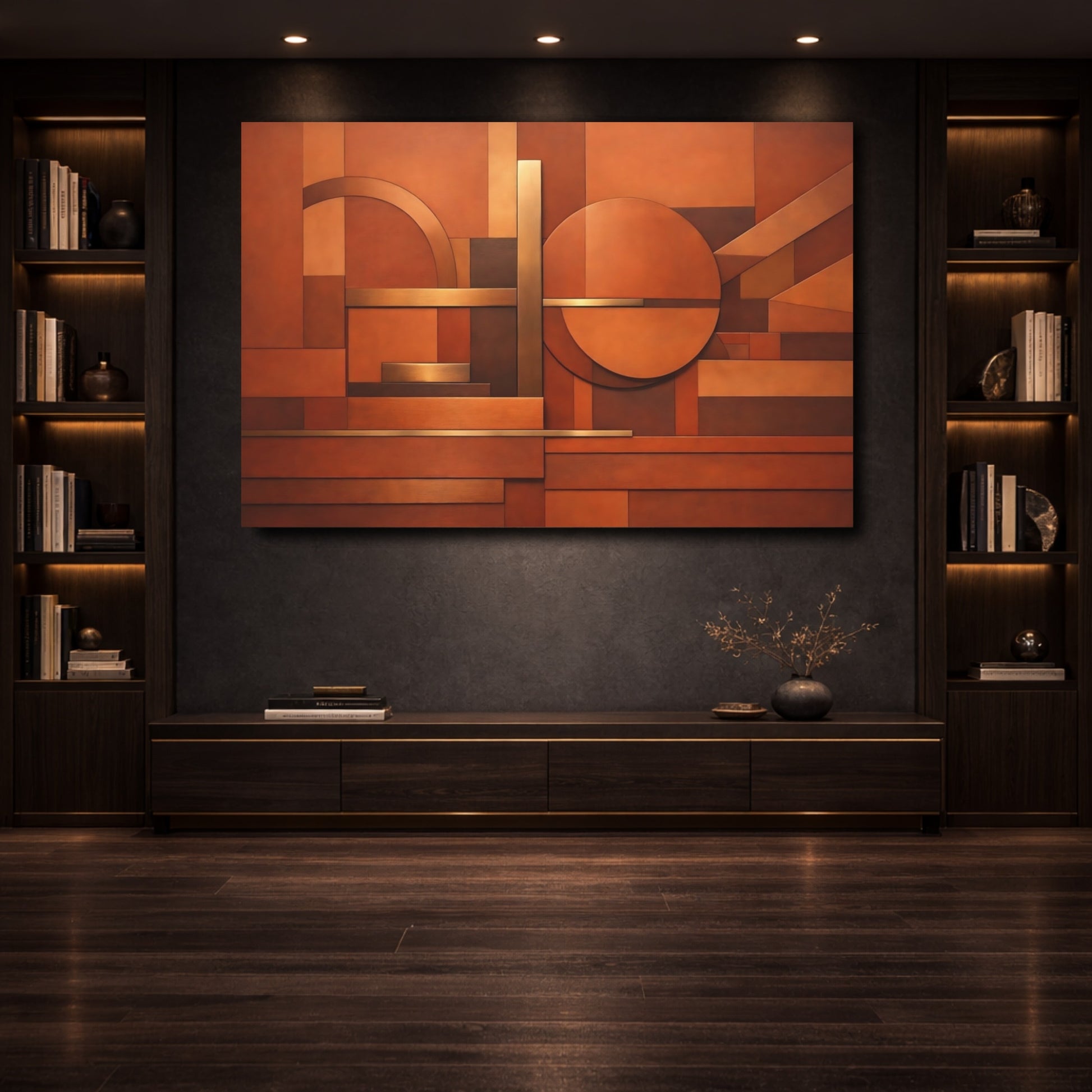 Mockup 3. Abstract Geometric Shapes Copper Brown Abstract shown as stretched canvas wall art