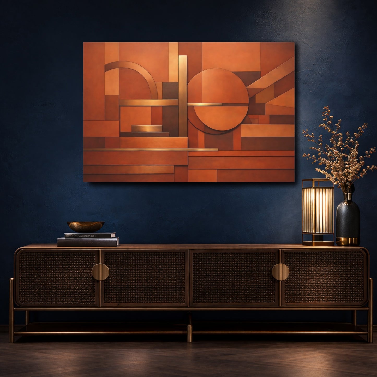 Mockup 4. Abstract Geometric Shapes Copper Brown Abstract shown as stretched canvas wall art