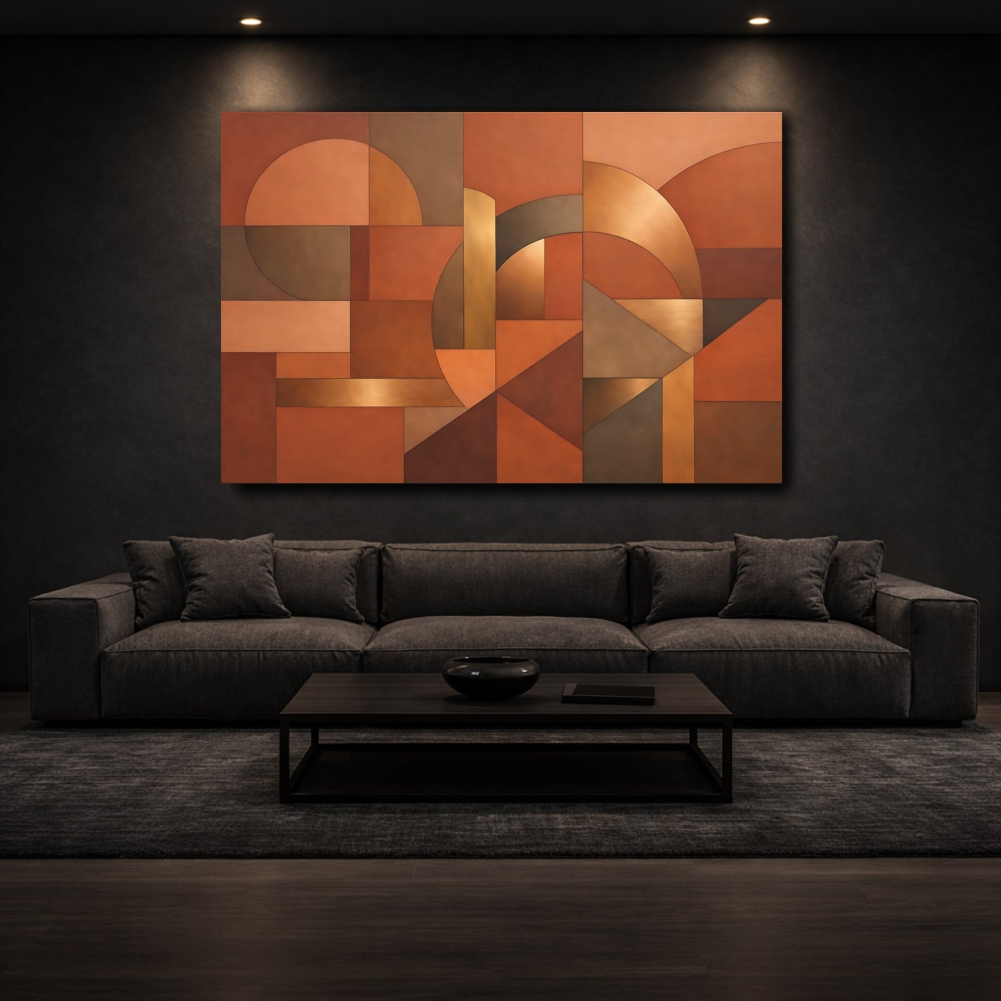 Mockup 2. Abstract Geometric Shapes Copper Gold Abstract shown as stretched canvas wall art