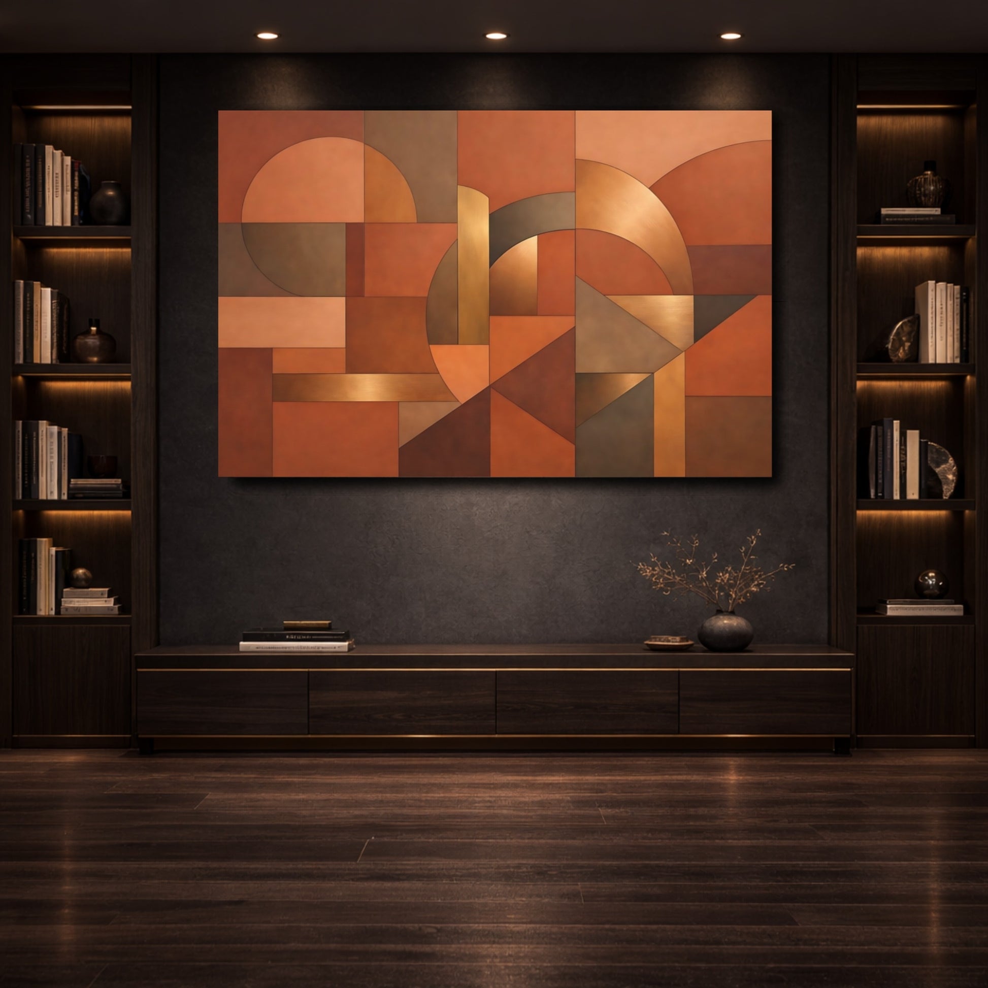 Mockup 3. Abstract Geometric Shapes Copper Gold Abstract shown as stretched canvas wall art