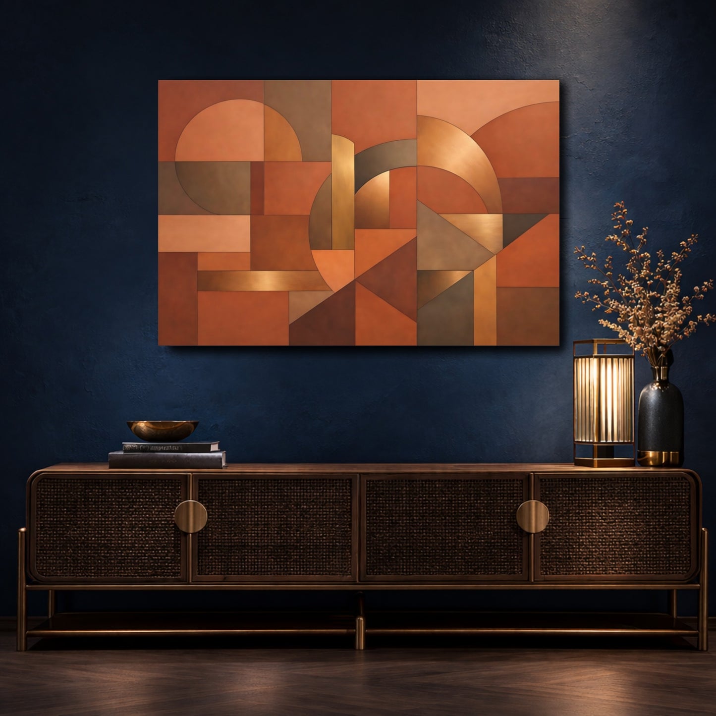 Mockup 4. Abstract Geometric Shapes Copper Gold Abstract shown as stretched canvas wall art