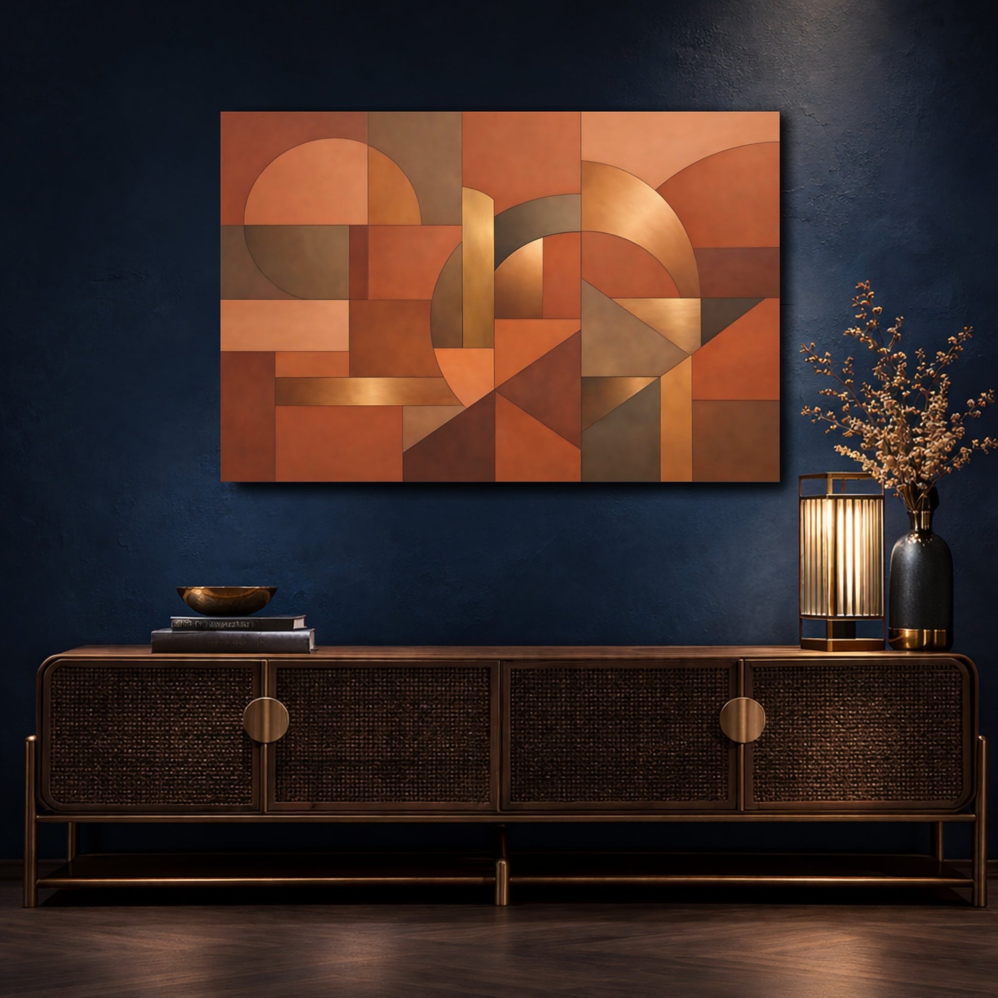 Mockup 4. Abstract Geometric Shapes Copper Gold Abstract shown as stretched canvas wall art