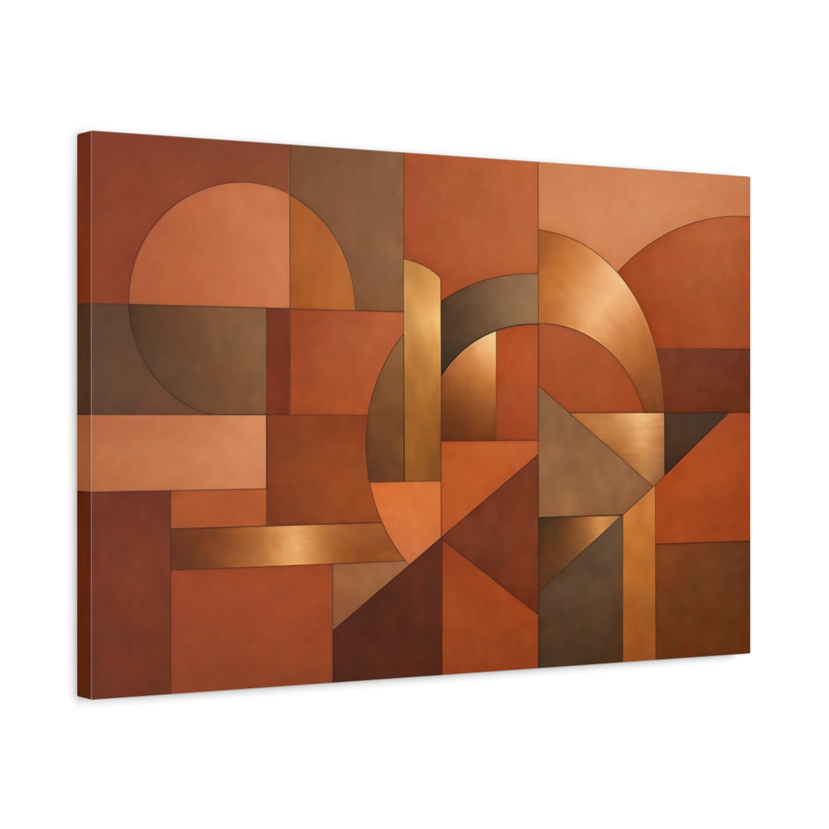 Side Mockup 2. Abstract Geometric Shapes Copper Gold Abstract shown as stretched canvas wall art