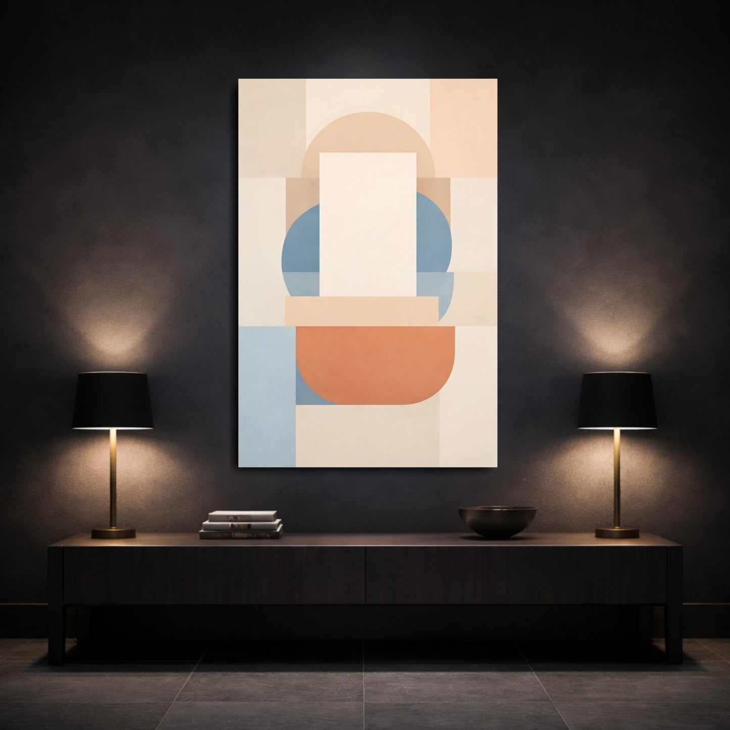 Abstract Geometric Shapes Cream Blue Terracotta shown as front canvas room wall art