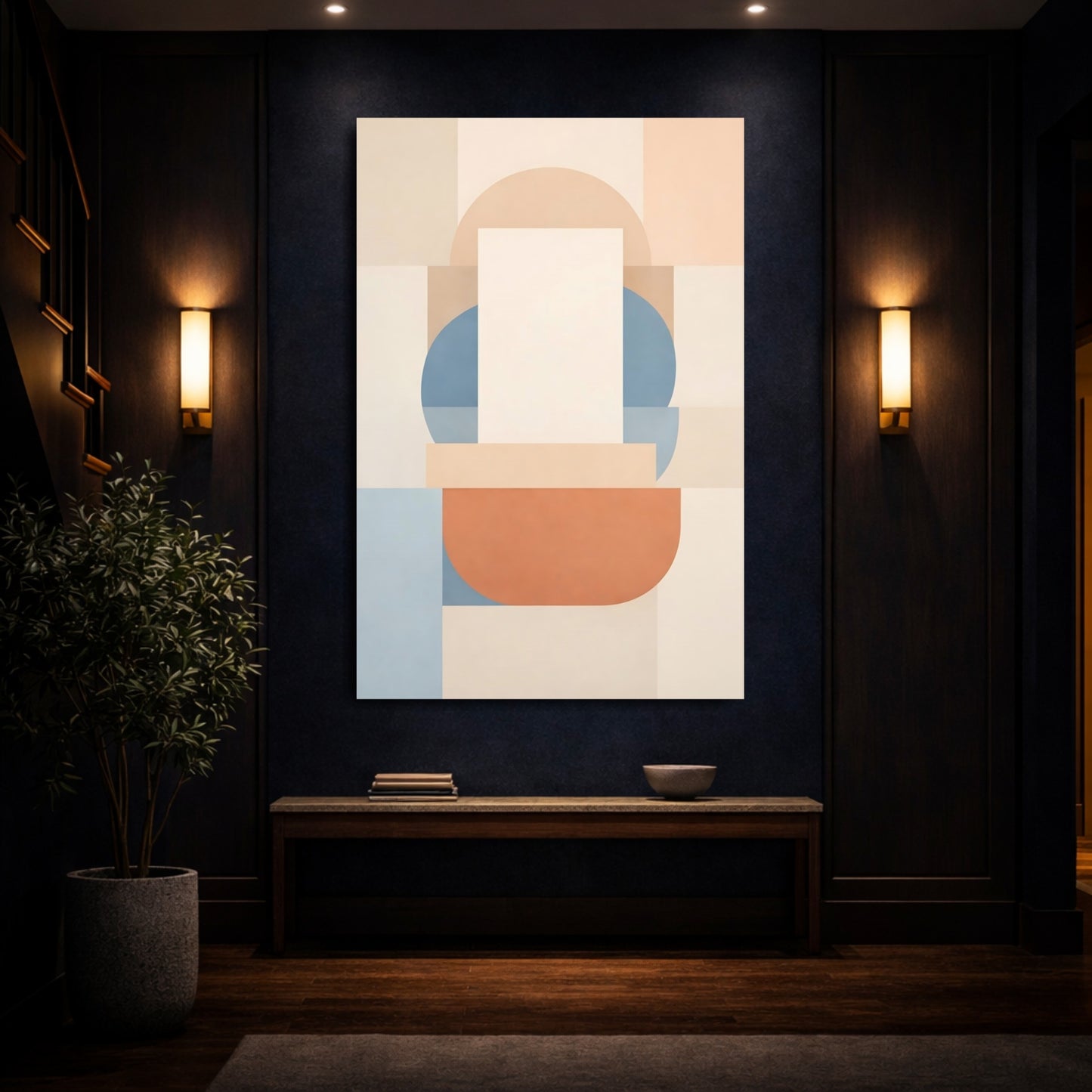Abstract Geometric Shapes Cream Blue Terracotta shown as front canvas room wall art